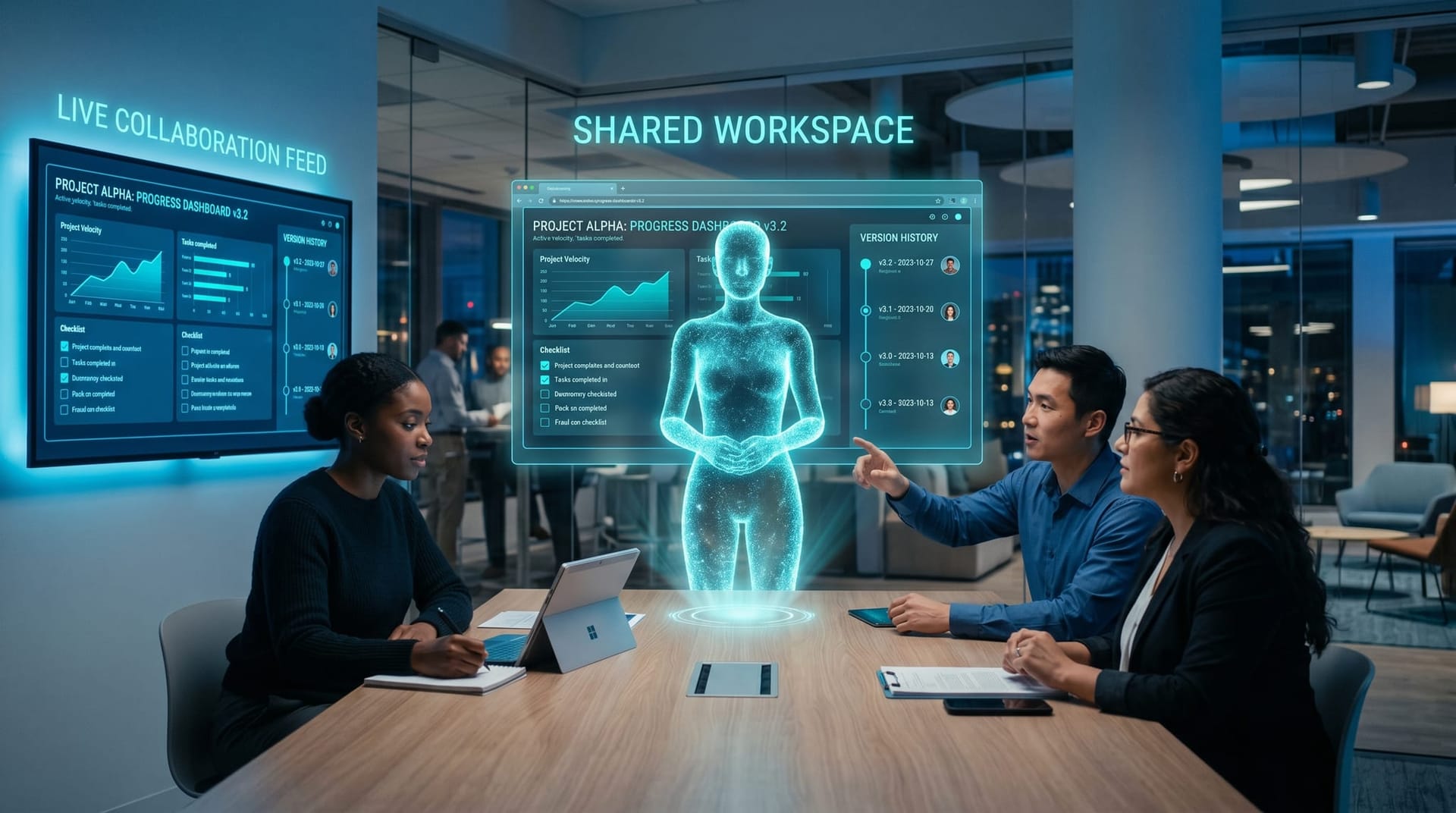 Holographic AI employee publishing a shared interactive workspace page that several colleagues open on different devices at once