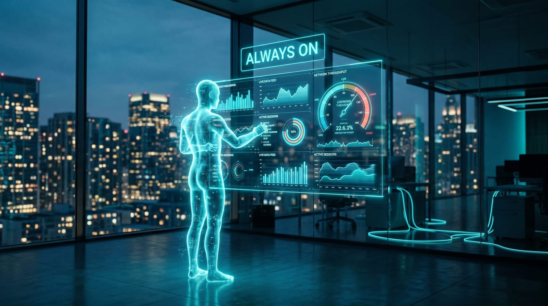 AI employee maintaining an always-on operations dashboard overnight in an empty-then-busy office showing continuous updates