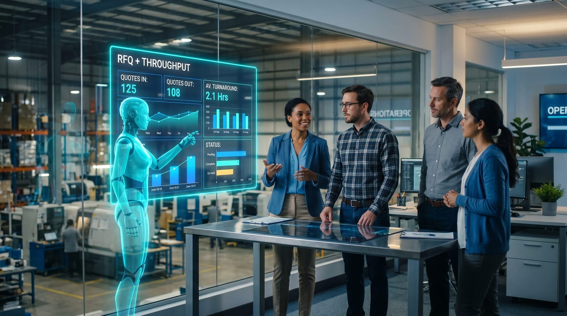 Northeast Indiana manufacturing operations team reviewing a live RFQ and throughput board kept current by a holographic AI employee