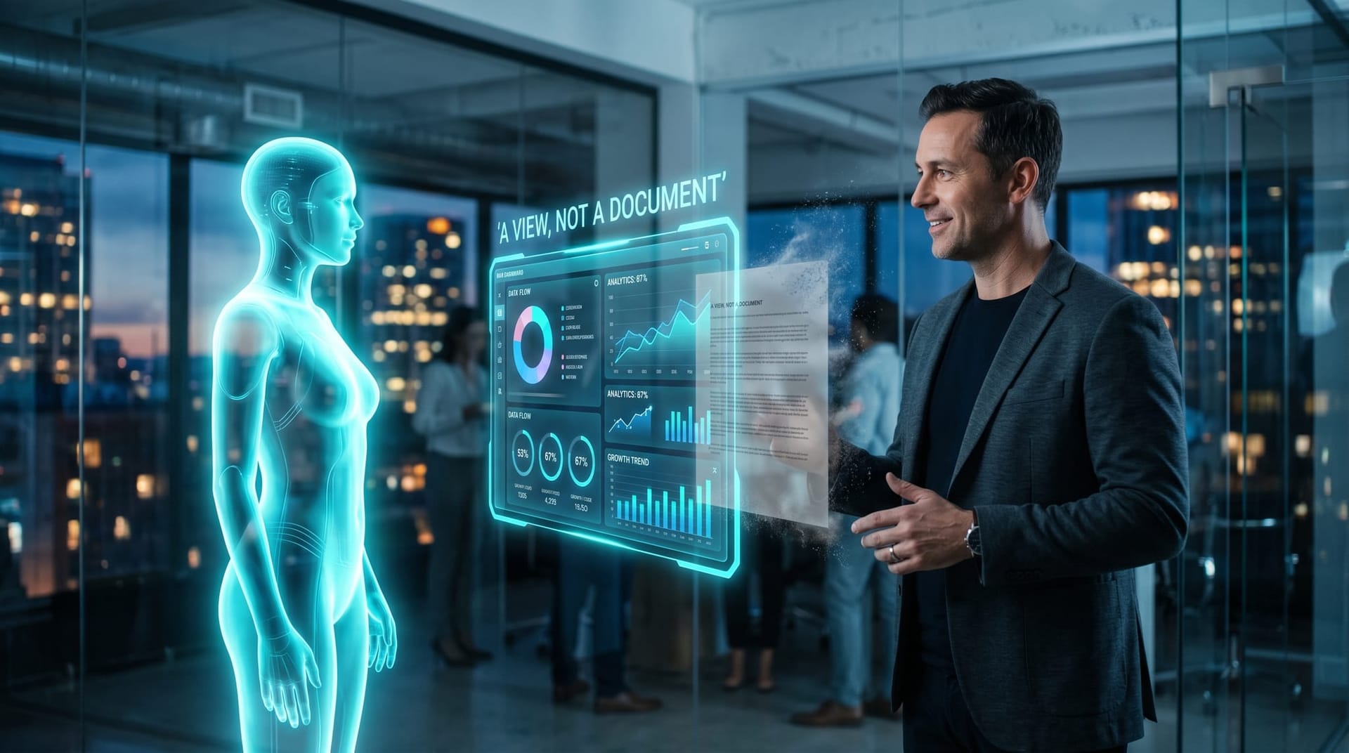 Business owner asking an AI employee for a living view instead of a static report, with a holographic dashboard replacing a paper PDF