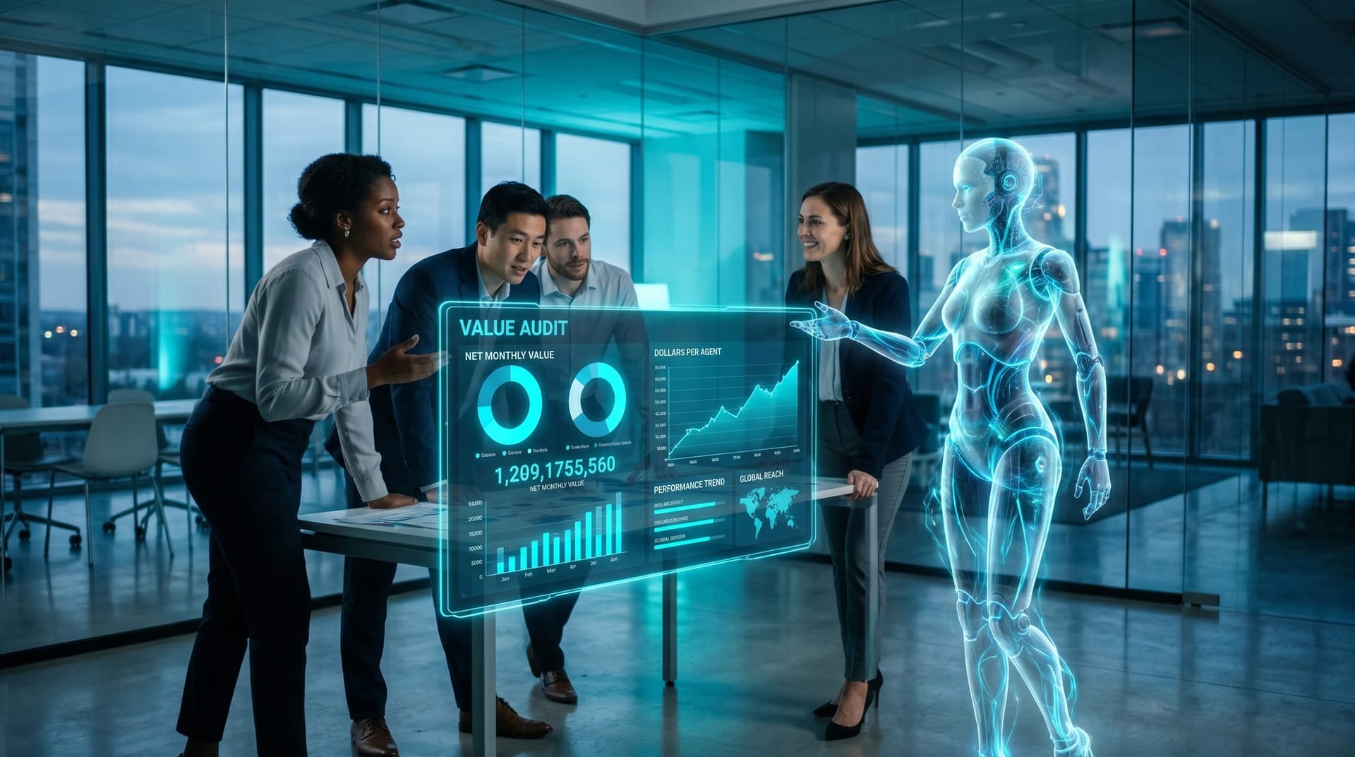 A Fort Wayne business team reviews a holographic AI value audit scorecard showing dollars saved per AI Employee on floating cyan dashboards