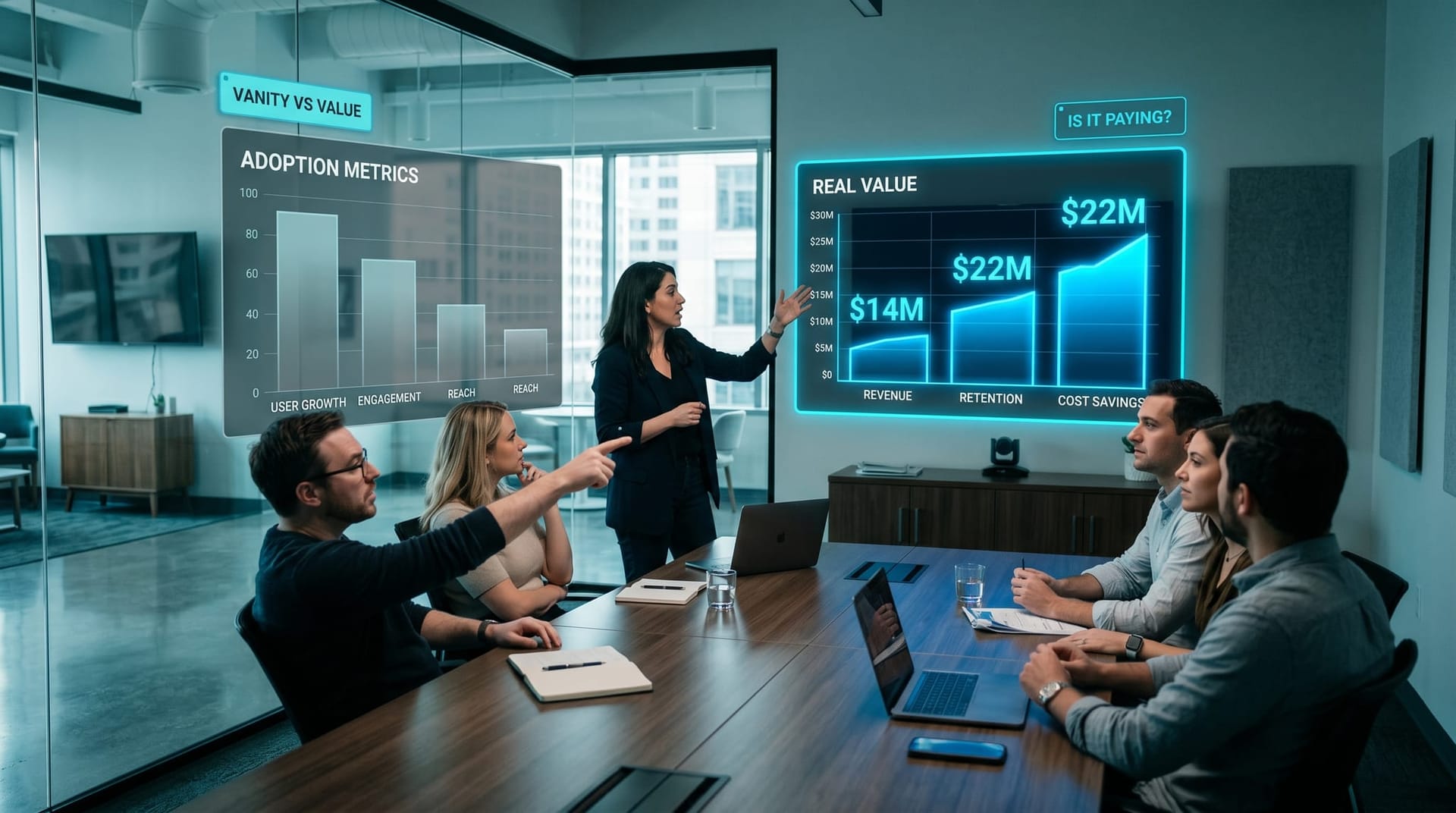 A presenter contrasts hollow adoption metrics against dollar value on dual cyan holographic charts while colleagues evaluate measurable AI value