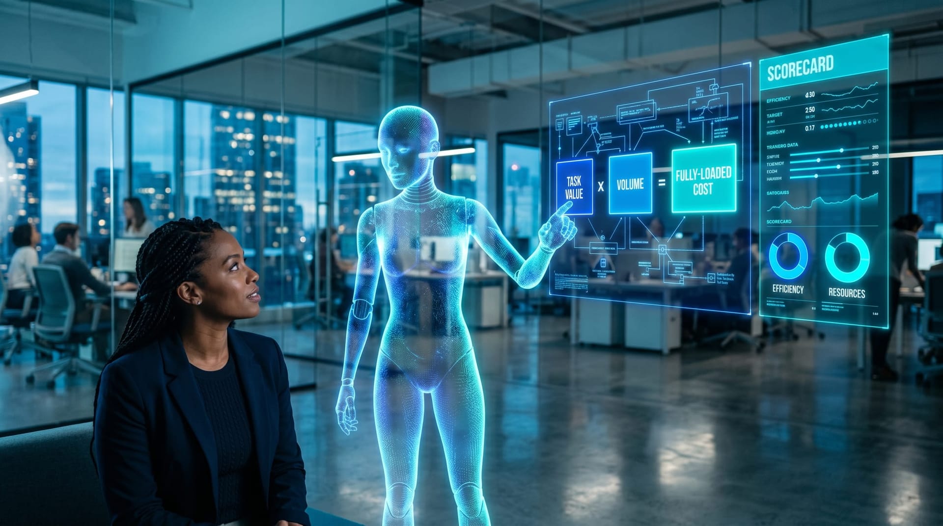Translucent cyan AI Employee avatar points to a holographic value-audit formula breaking net monthly value into task value, volume and cost