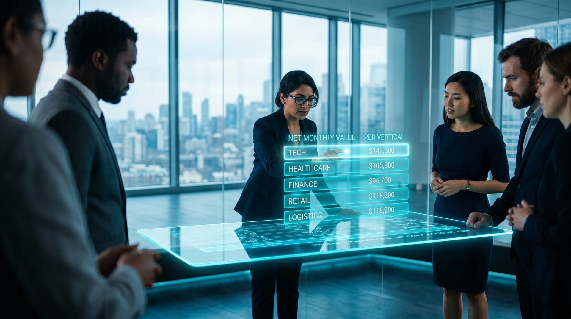 Colleagues study a holographic comparison table of Northeast Indiana verticals showing illustrative dollars saved per AI agent across functions
