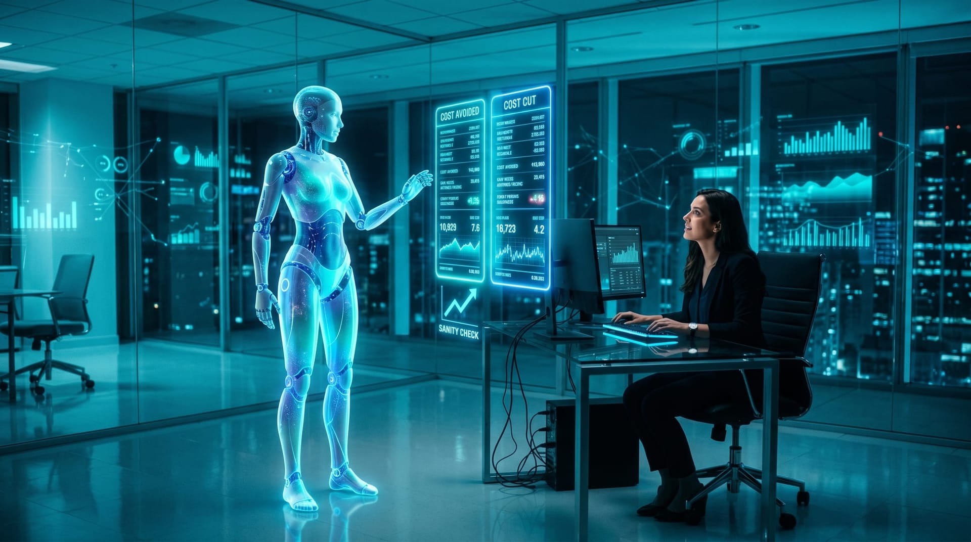 Translucent cyan AI Employee avatar and an analyst review a holographic ledger separating cost avoided from cost cut to verify measurable AI ROI