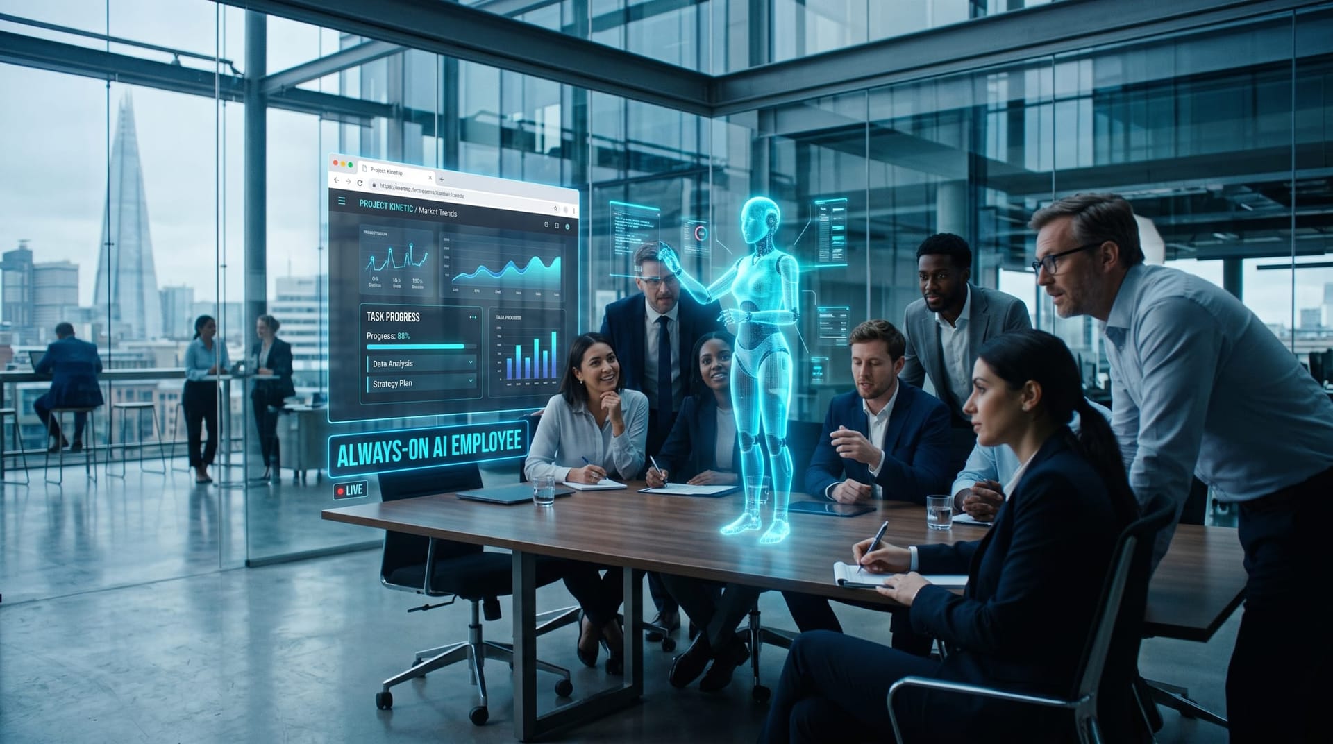 Business team watching a holographic always-on AI employee work on its own cloud computer with floating governance and approval control panels