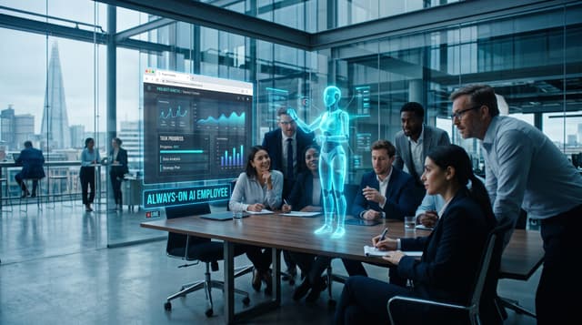 Business team watching a holographic always-on AI employee work on its own cloud computer with floating governance and approval control panels