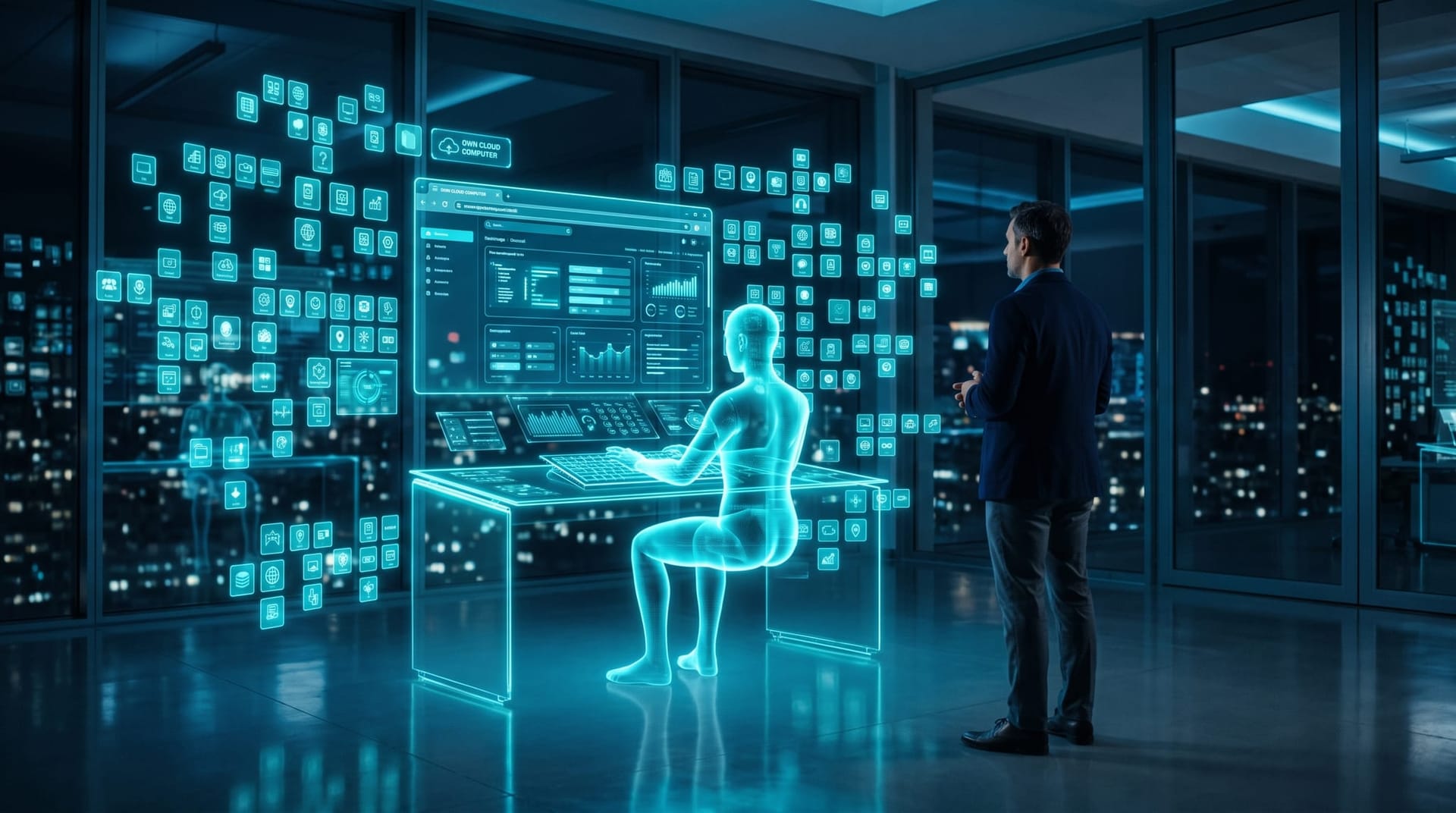 Holographic AI agent operating its own cloud computer and browser beside connected app icons in a cool-lit modern office