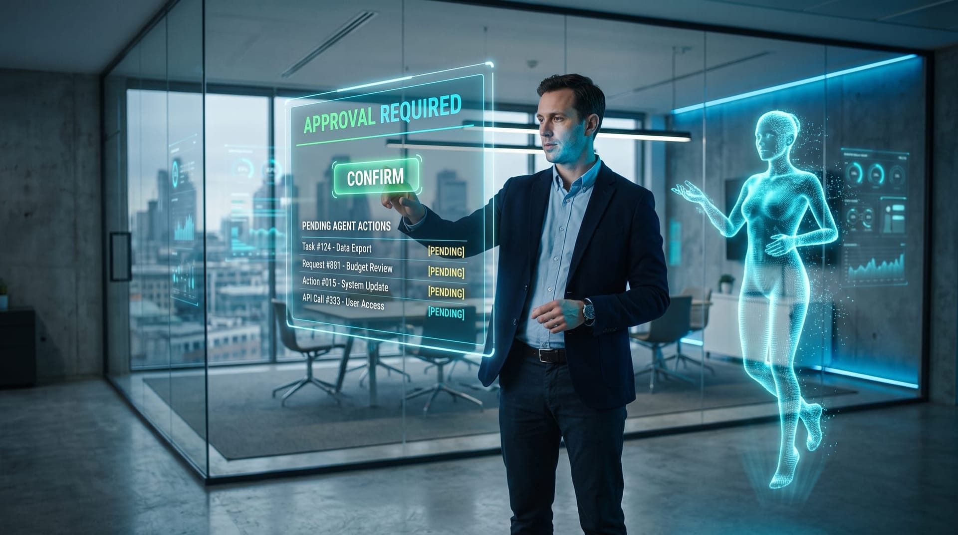 Business operator approving an AI agent action on a floating holographic approval gate panel in a cool-blue conference room
