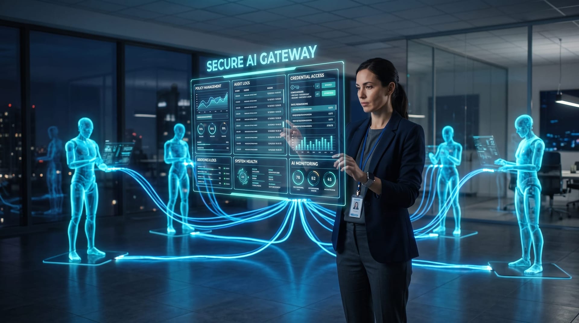 Unified secure AI gateway dashboard governing several holographic AI agents from different vendors in one cool-lit control view