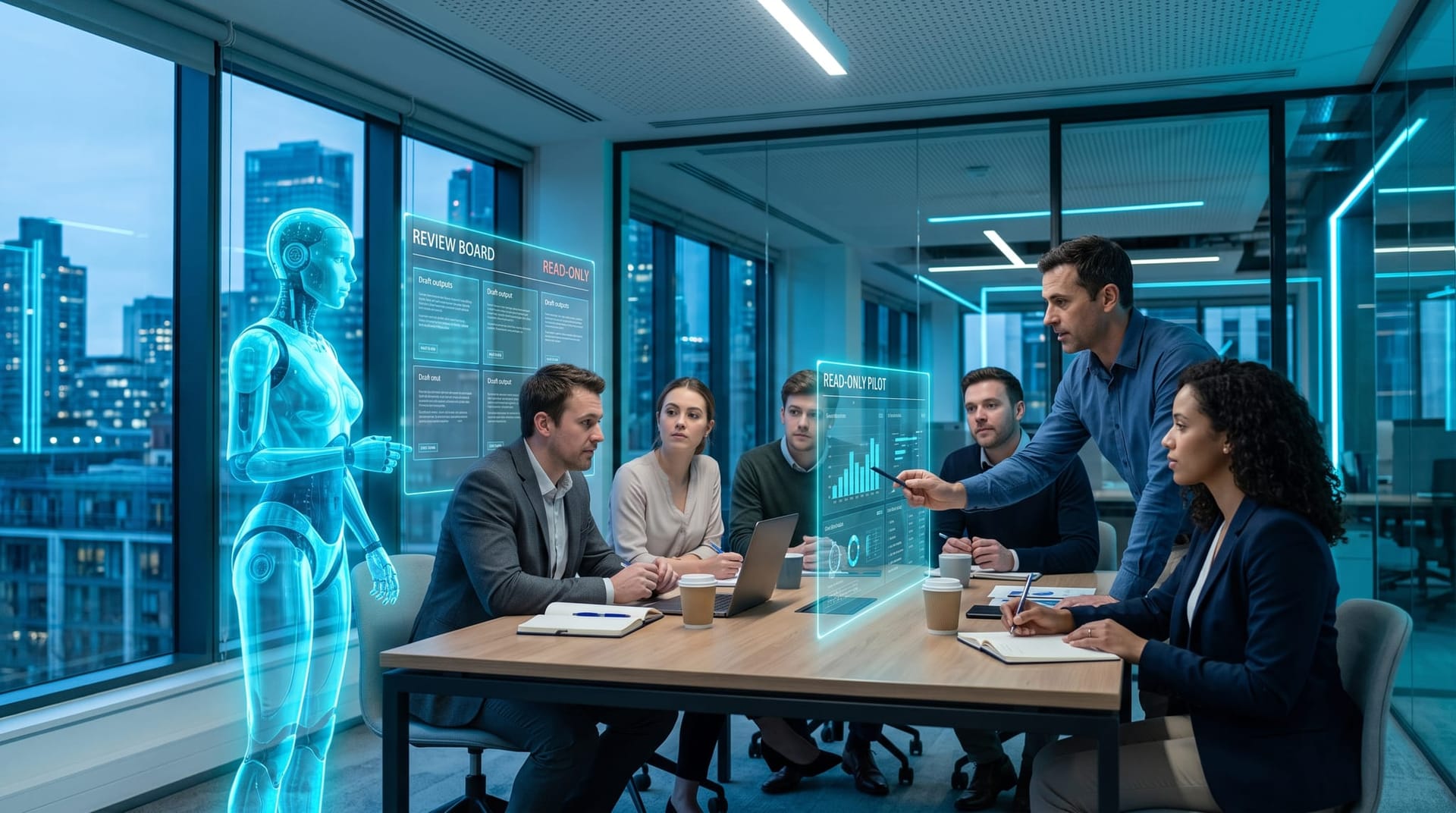 Northeast Indiana business team piloting an always-on AI employee in read-only mode on a floating holographic review board