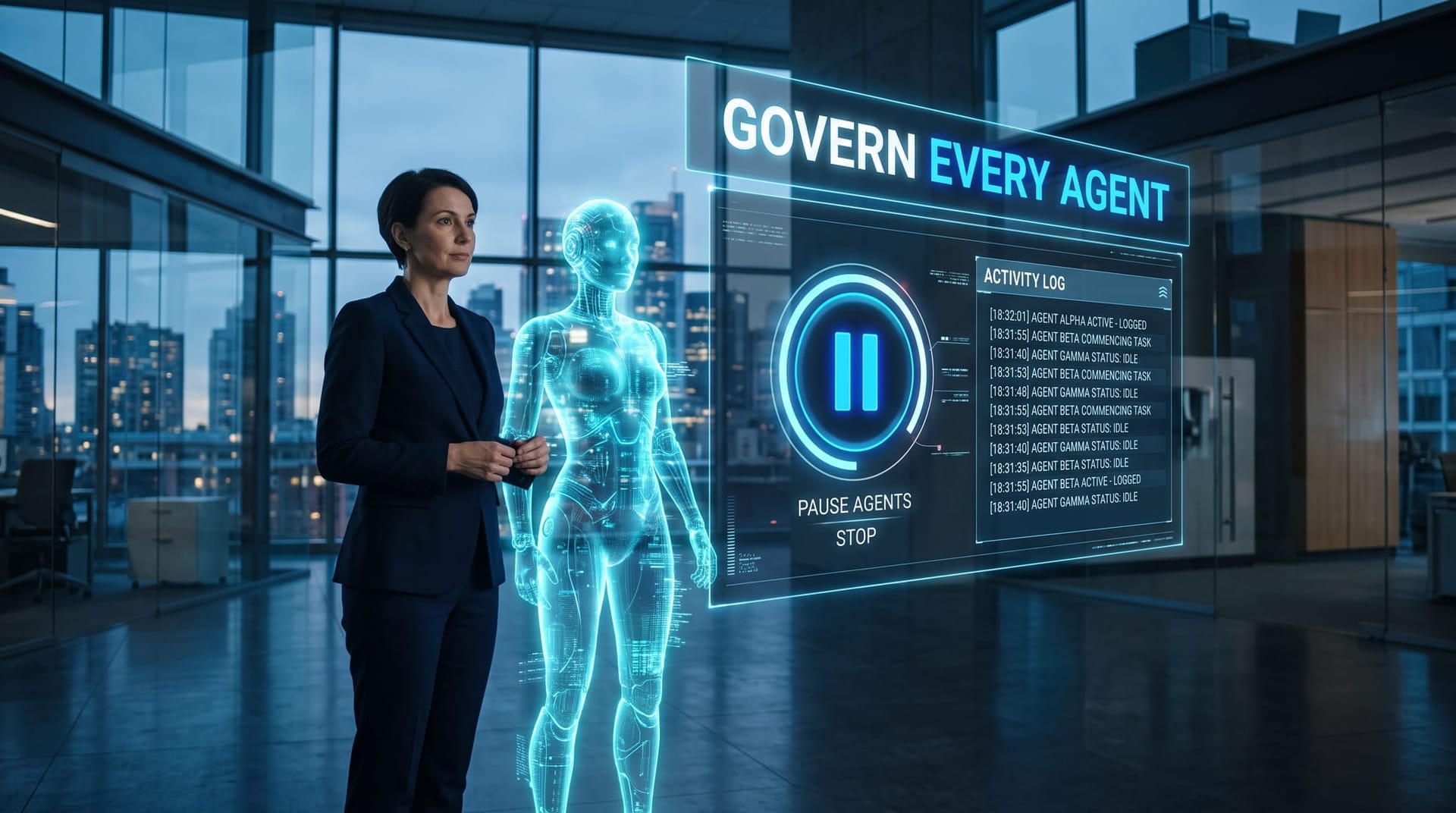 Business leader and holographic AI employee collaborating confidently in a governed cool-blue office with a pause and monitor control panel