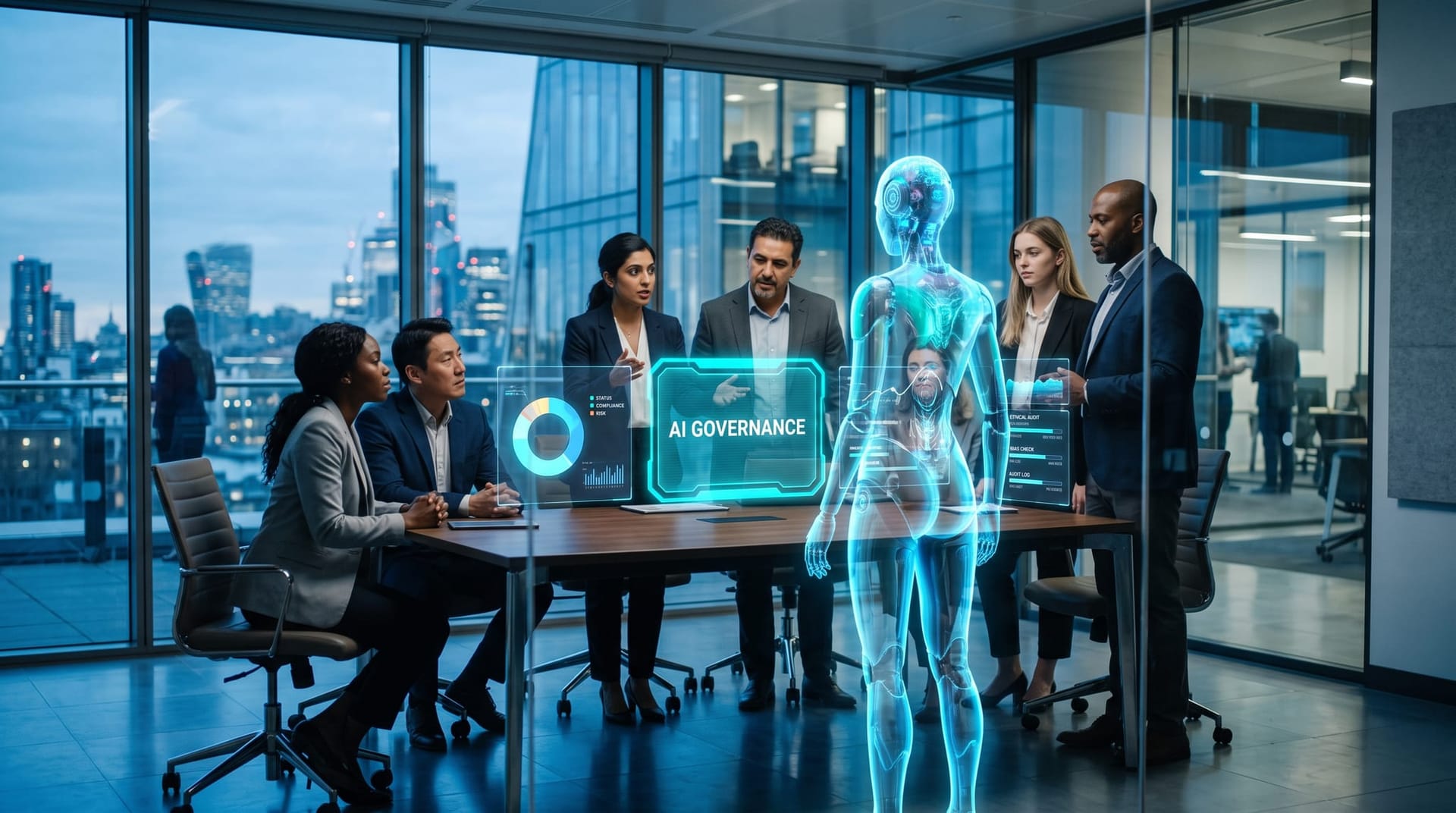Business team studying a translucent holographic AI employee behind a glowing cyan policy-gate panel reading AI GOVERNANCE in a glass-walled office