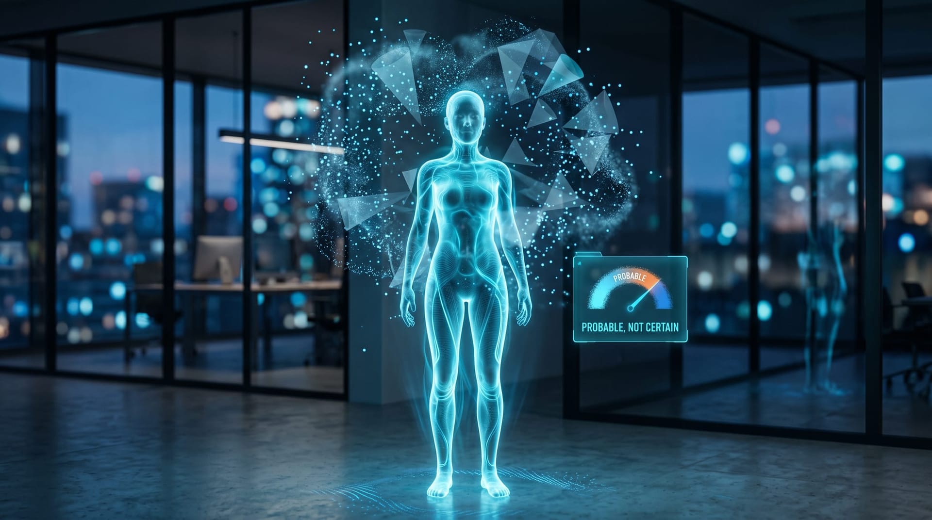 Translucent cyan holographic AI employee wrapped in a blurred probability cloud instead of a solid switch, illustrating unreliable AI refusals