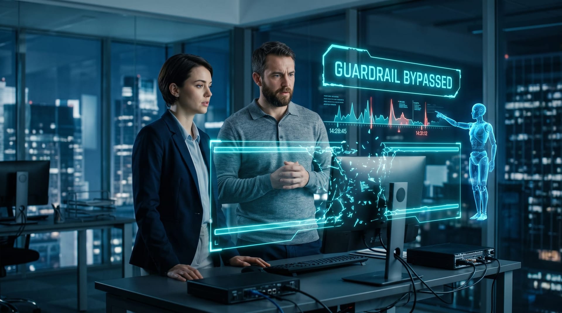 Colleagues at a workstation watching a cyan holographic guardrail panel flicker and crack as an AI refusal is bypassed during adversarial testing