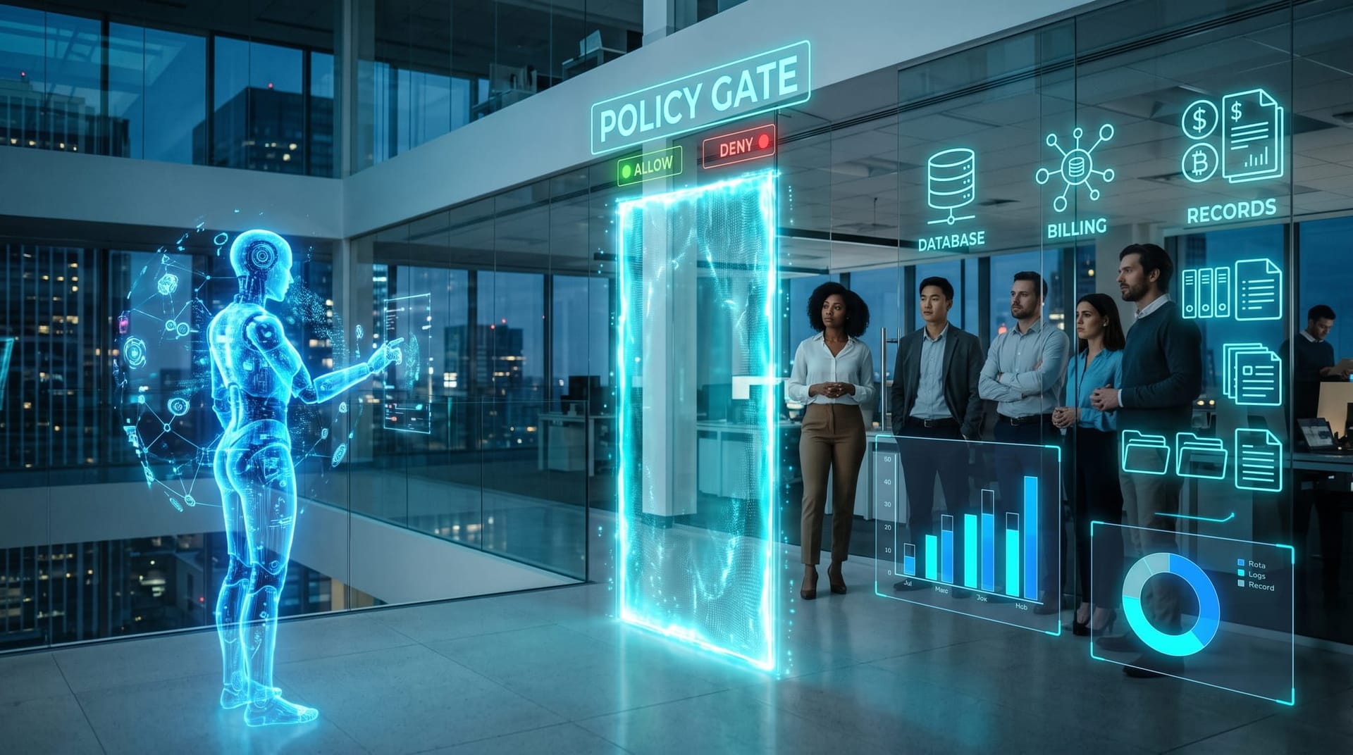 Secure AI gateway visualized as a glowing cyan checkpoint layer between a holographic AI employee and floating business system panels in an office