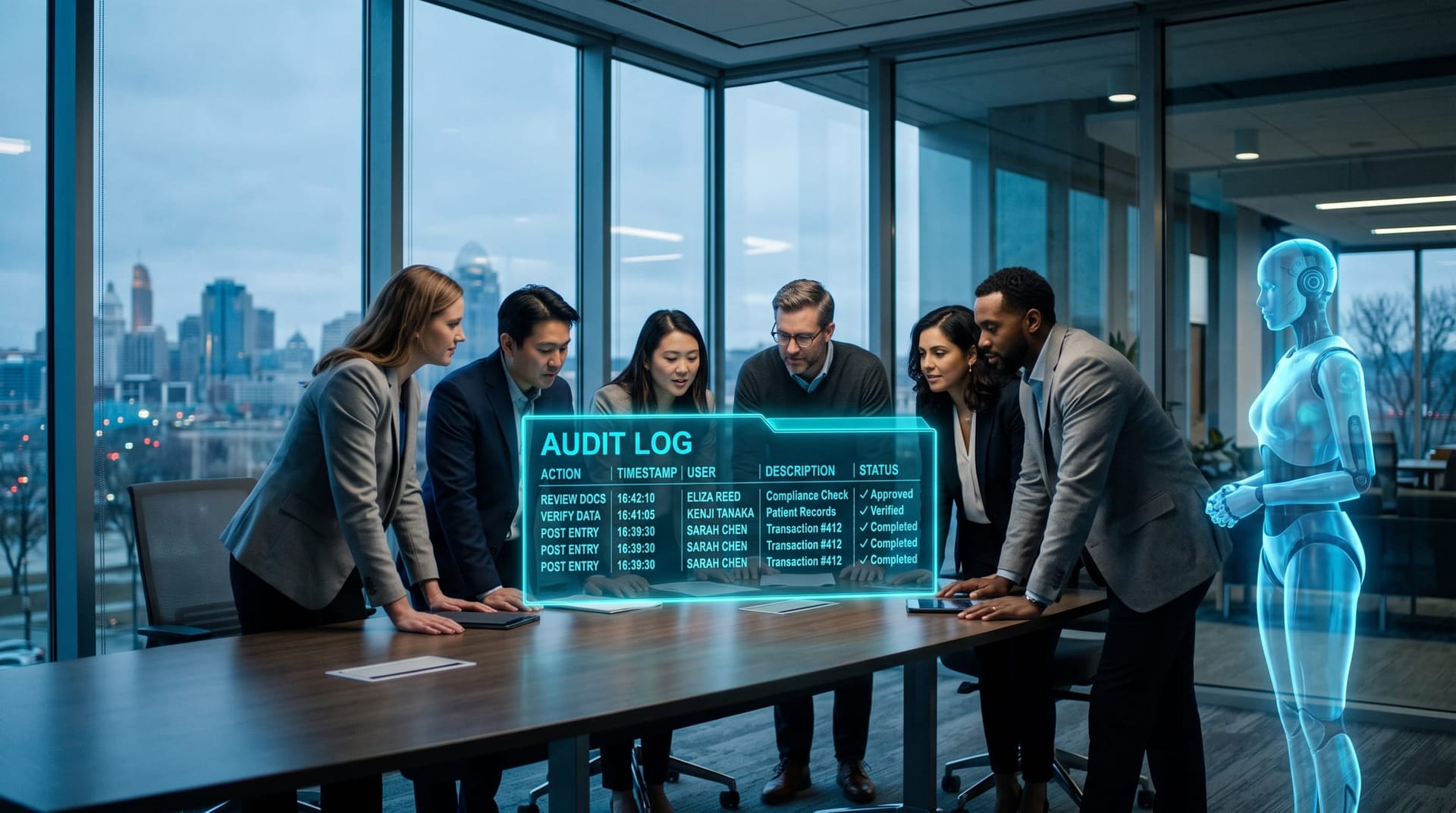 Northeast Indiana professional-services team reviewing a cyan holographic compliance audit log with a translucent AI employee in a glass-walled office