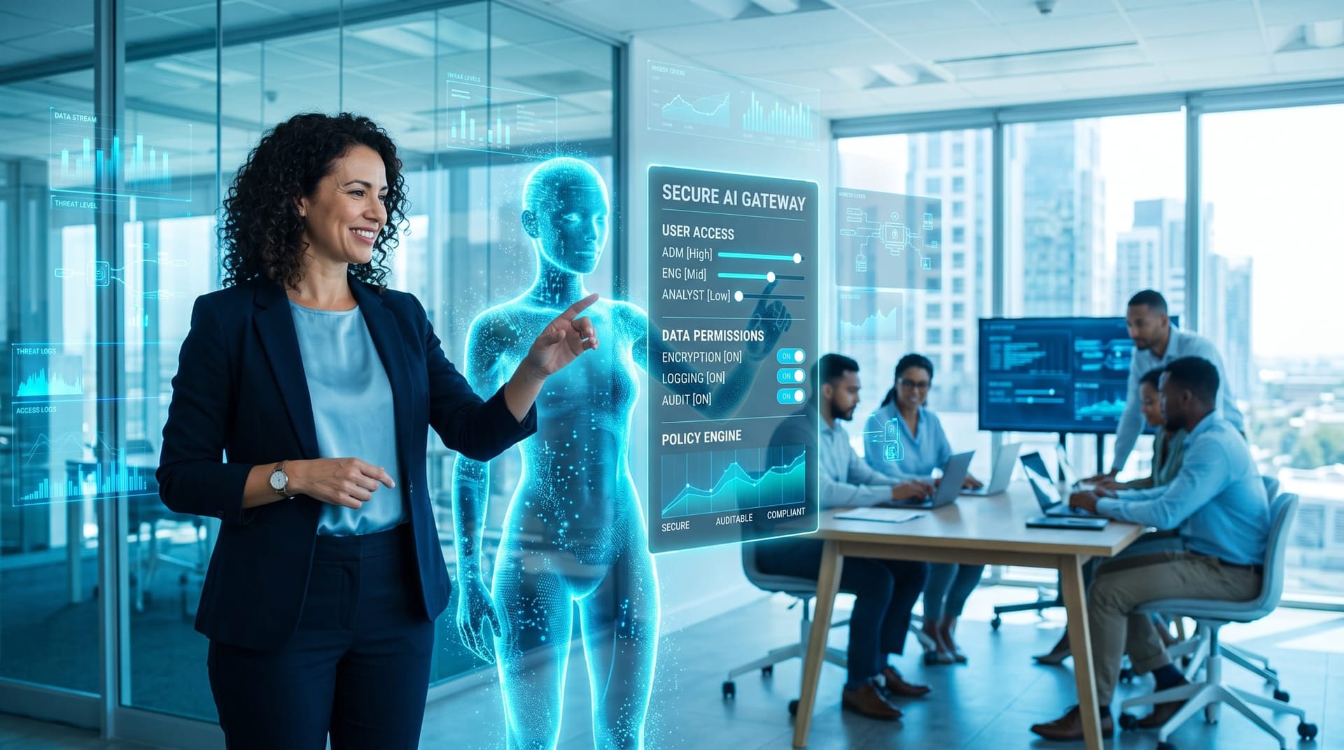 Business leader collaborating with a translucent cyan holographic AI employee beside a glowing secure AI gateway control panel in a glass office