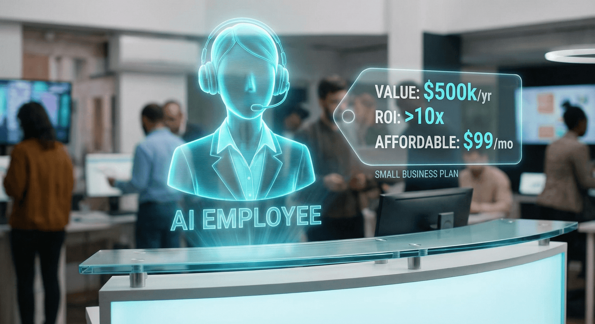 Timeline infographic showing a typical day of AI Employee operations for a small business, from 5 AM to midnight, with call handling, scheduling, and lead follow-up activities