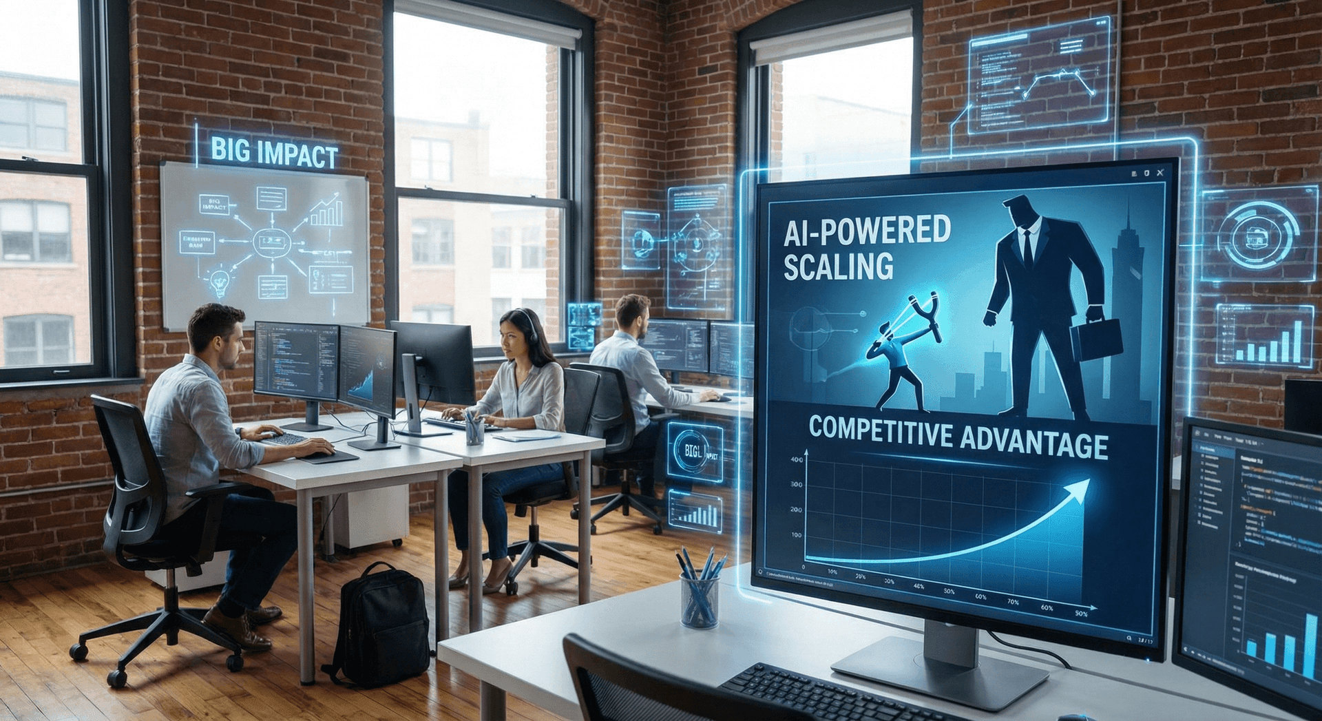 Diagram showing the capacity gap between a small business team of 8 and the operational demands that require a team of 20, with AI Employee bridging the difference