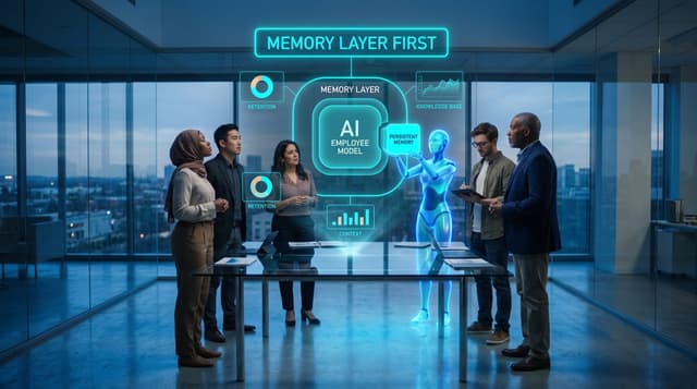 Diverse mid-market team studies a floating cyan holographic memory-layer architecture overlaying an AI Employee model core as a translucent AI humanoid carries a persistent memory module into the stack.