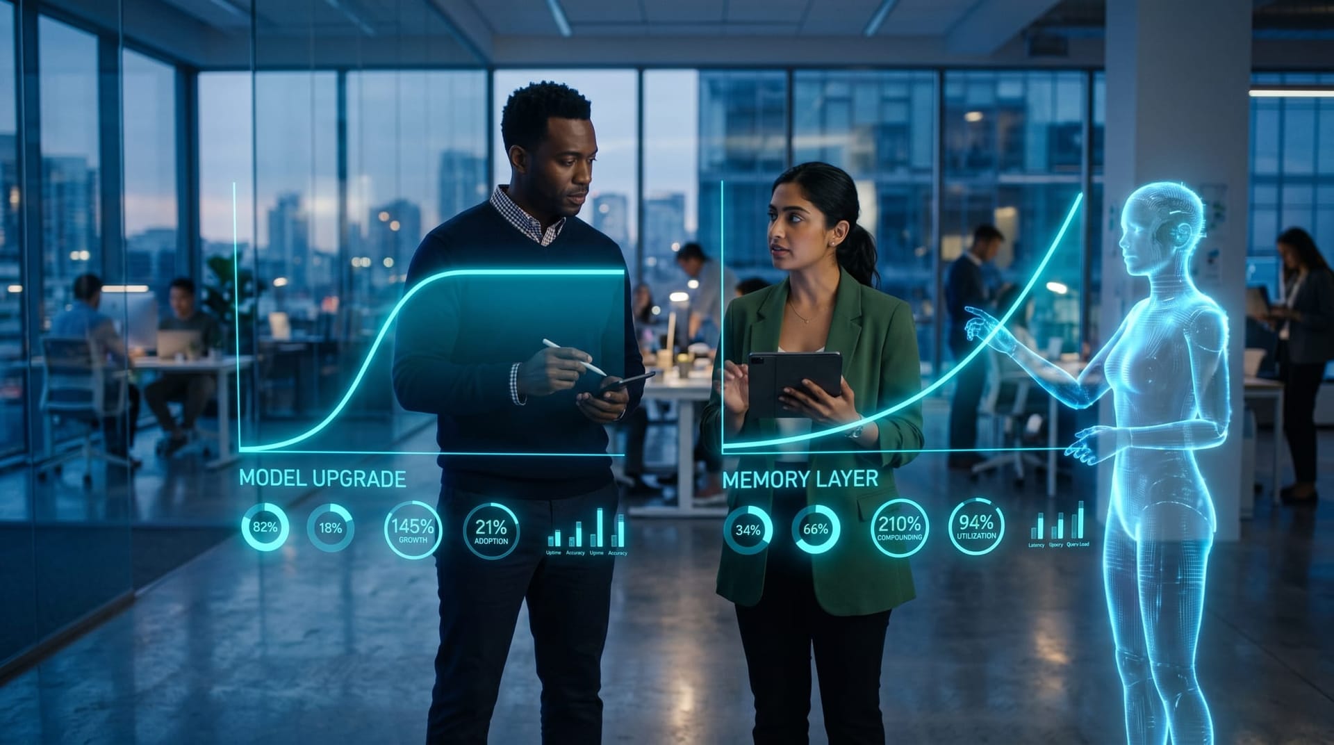 Diverse mid-market team studies a floating cyan holographic memory-layer architecture overlaying an AI Employee model core as a translucent AI humanoid carries a persistent memory module into the stack.