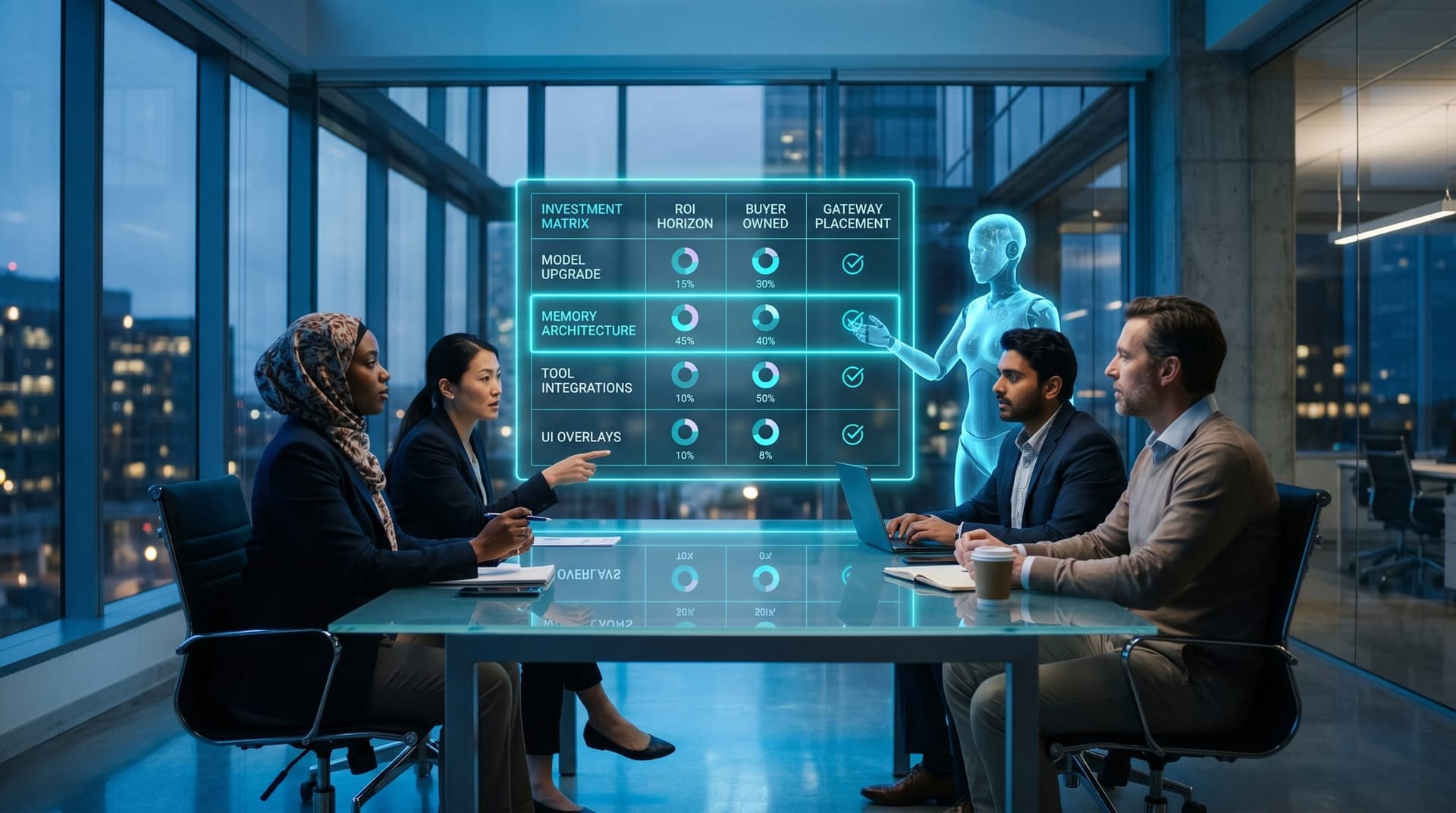 CIO and procurement director study a floating cyan holographic four-row investment matrix comparing model upgrade, memory architecture, tool integrations, and UI overlays as a translucent AI humanoid highlights the memory row.