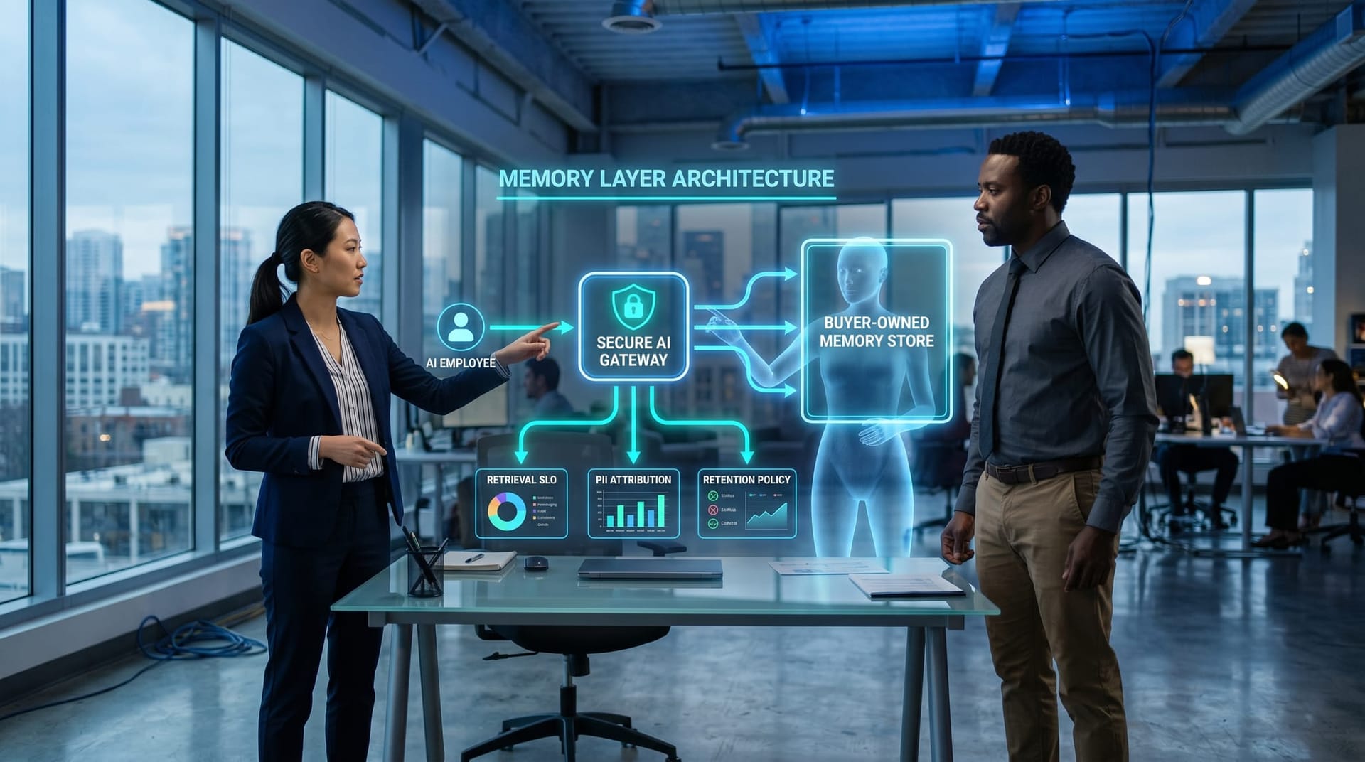 Floating cyan holographic architecture diagram showing a Secure AI Gateway hosting a buyer-owned persistent memory store with retrieval-quality SLO, PII attribution, and retention policy panels.