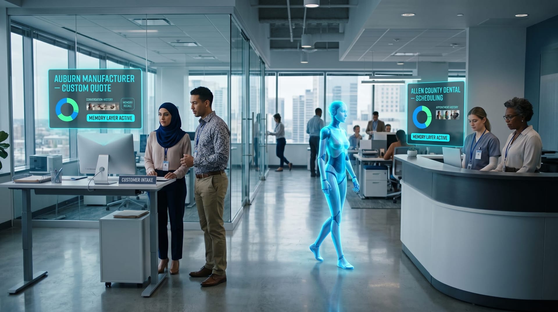 Two NE Indiana operator scenes — an Auburn manufacturer quote workflow and an Allen County dental practice scheduling workflow — each with floating cyan holographic memory-continuity panels showing cross-session recall.