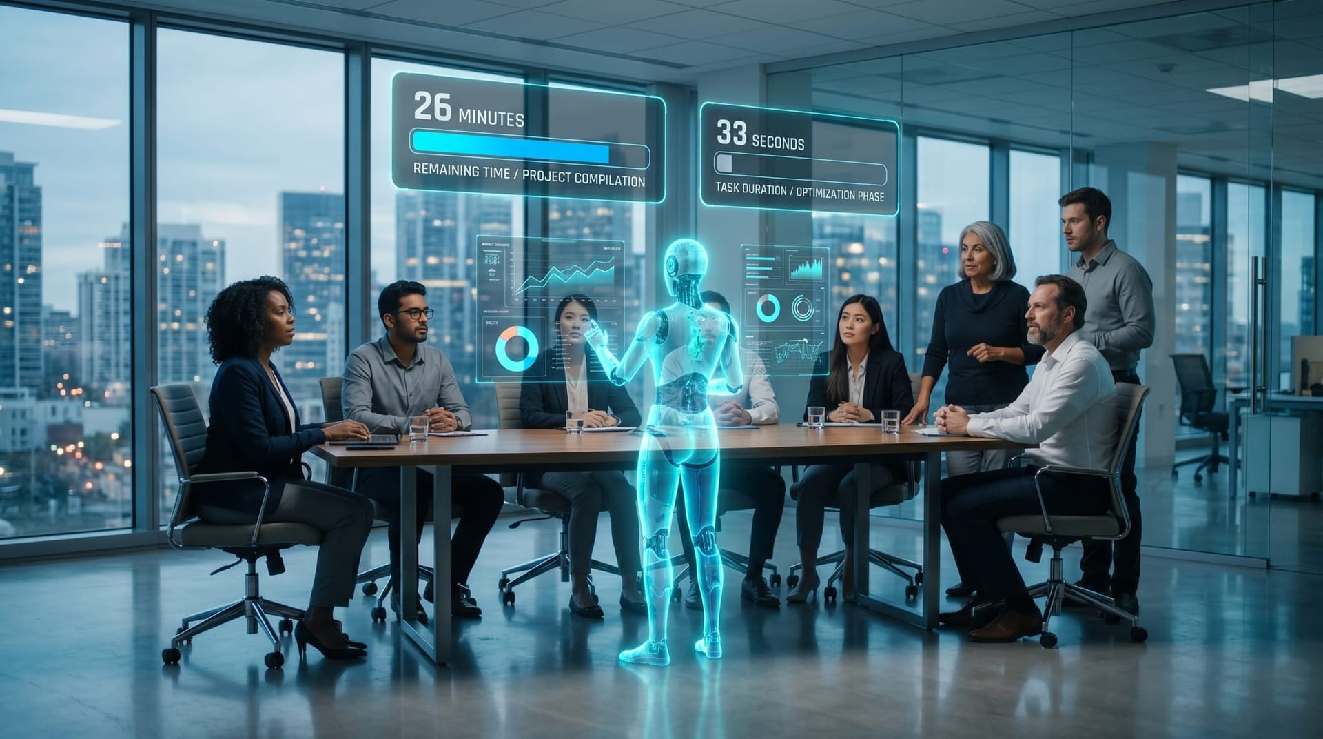 A business team watches a translucent cyan holographic AI Employee work autonomously beside floating 26 MINUTES and 33 SECONDS panels