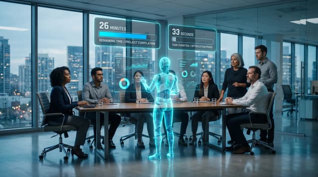 A business team watches a translucent cyan holographic AI Employee work autonomously beside floating 26 MINUTES and 33 SECONDS panels