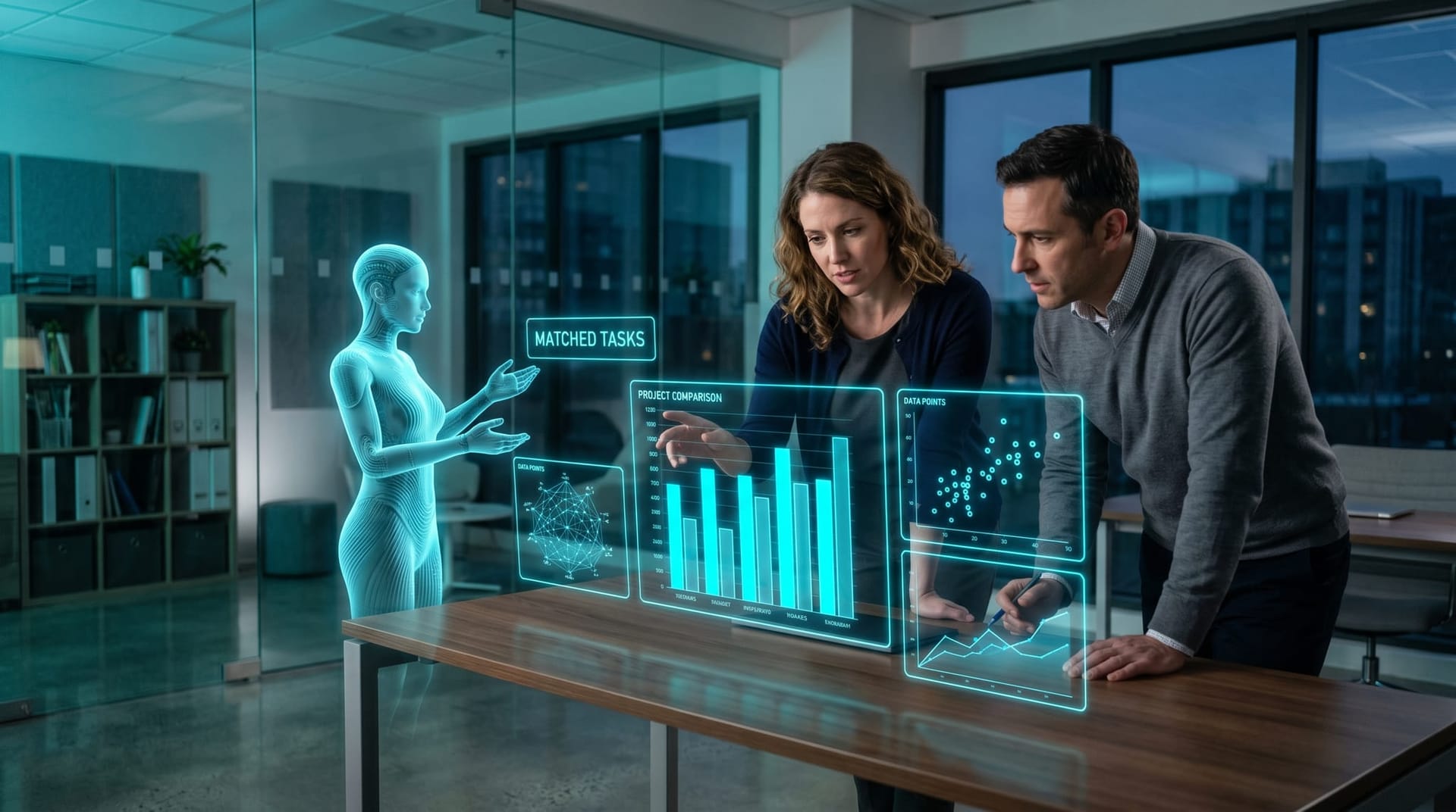 A translucent cyan holographic AI avatar beside floating matched-pair dashboards labeled MATCHED TASKS from the autonomous AI work study