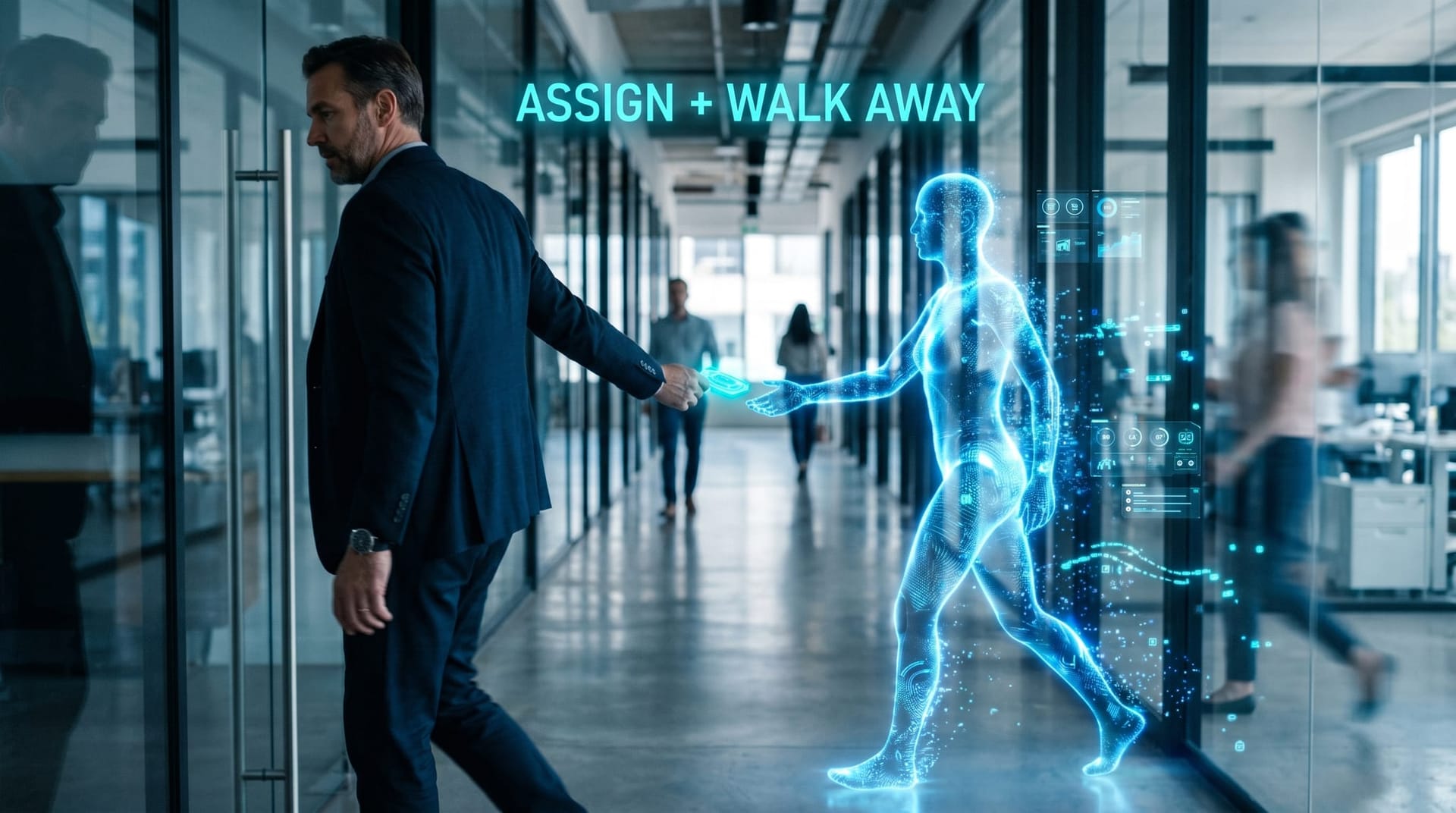 A professional hands a glowing task token to a translucent cyan holographic AI Employee under floating text reading ASSIGN AND WALK AWAY