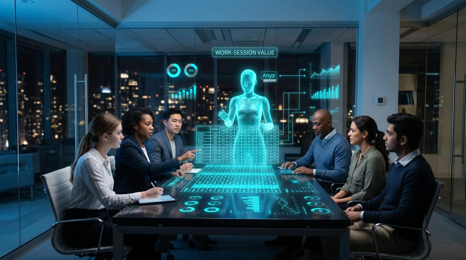 Colleagues review a glowing cyan holographic matrix labeled WORK-SESSION VALUE as a holographic AI Employee maps delegable workflows