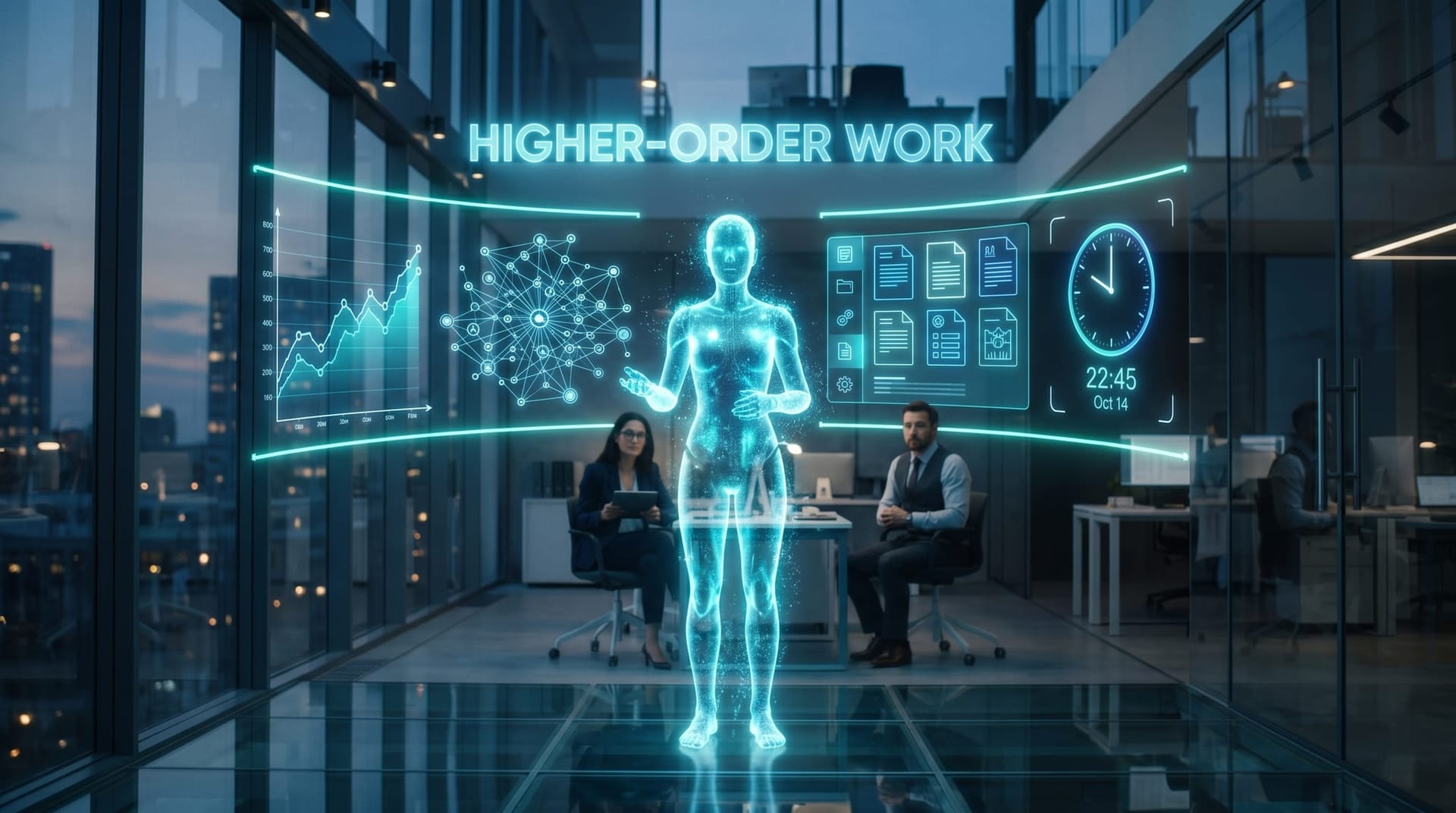 A translucent cyan holographic AI Employee spans floating domain dashboards under text HIGHER-ORDER WORK showing autonomous AI work scope