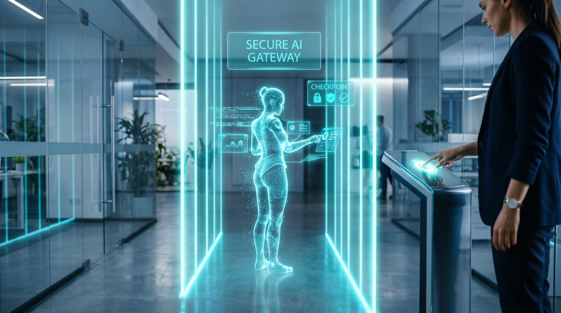 A translucent cyan holographic AI Employee works in a glowing gateway lane with SECURE AI GATEWAY and CHECKPOINT panels as a person approves
