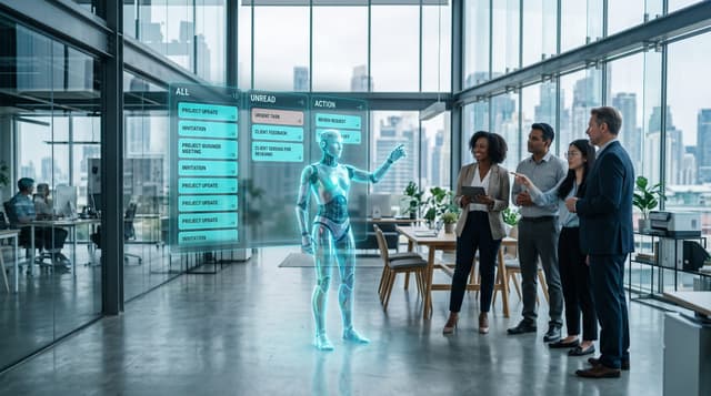 A translucent cyan holographic AI employee delivering finished work into a floating email-style inbox as a business team reviews it in a glass office