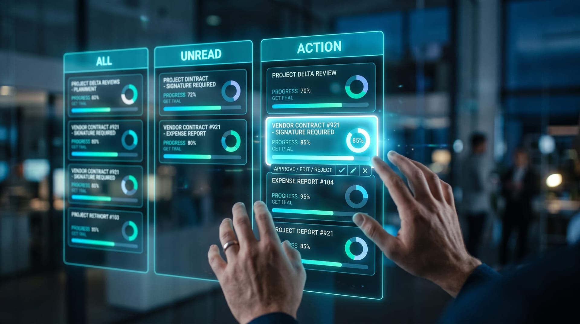 Close view of a glowing cyan holographic three-lane AI agent inbox with All, Unread, and Action columns of task cards floating in a cool-lit office