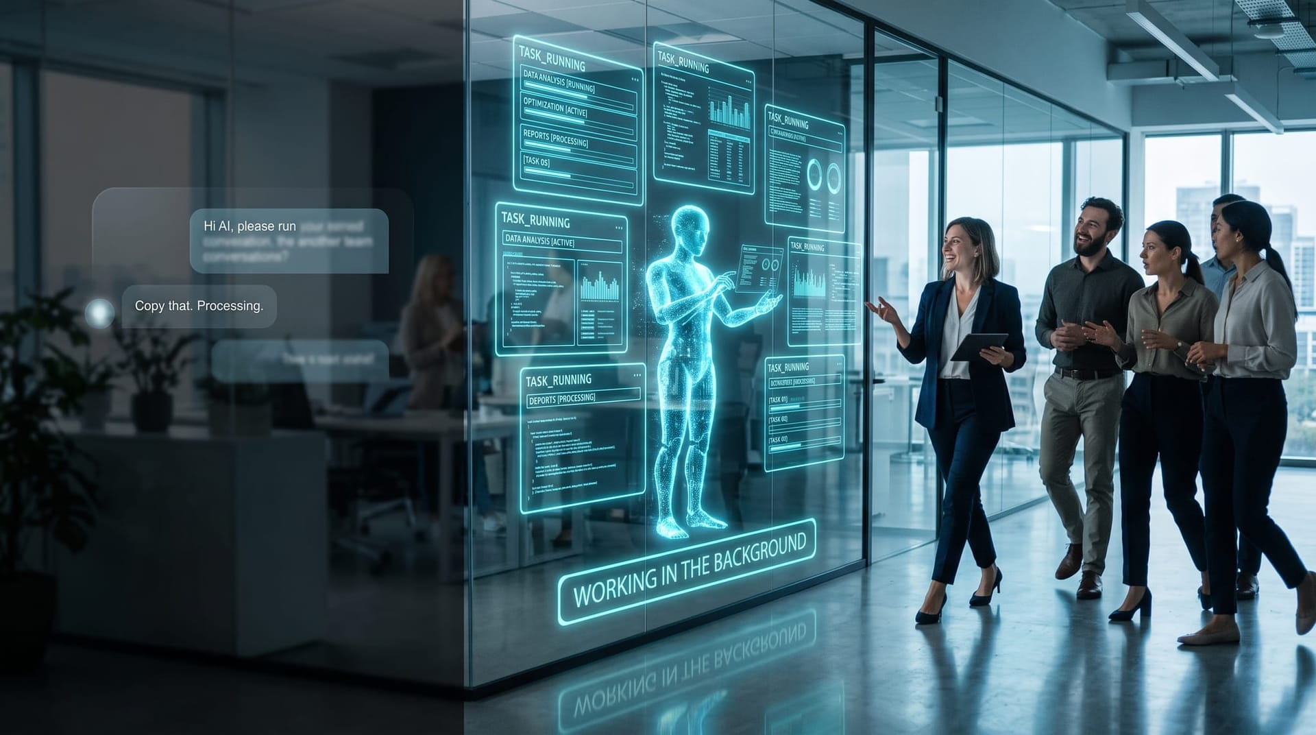 A diverse team walking away from an empty chat window toward a holographic AI employee running many background tasks on floating cyan dashboards