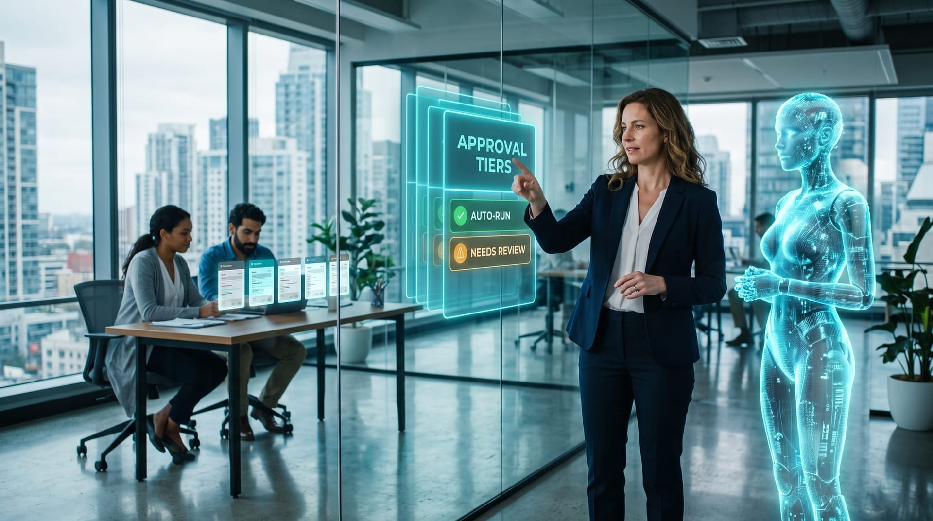 A business owner tapping a glowing cyan approval-tier panel to review AI employee work while a holographic AI avatar waits at a triage queue
