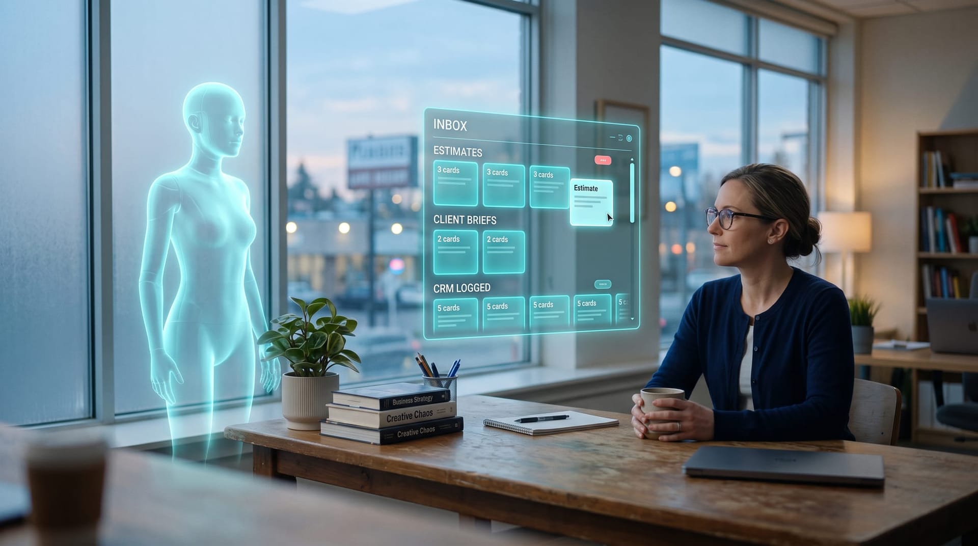 A small Northeast Indiana business owner triaging an AI employee inbox over morning coffee with a cyan holographic avatar in a compact office