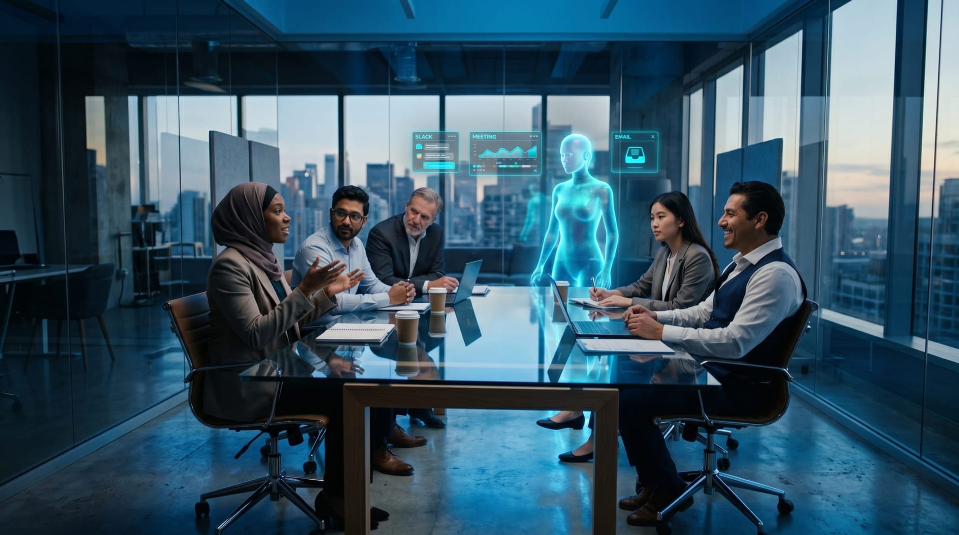 A diverse mid-market team collaborating around a glass conference table with a translucent cyan AI humanoid avatar listening as floating cyan holographic conversation-capture panels label Slack, meeting, and email channels.