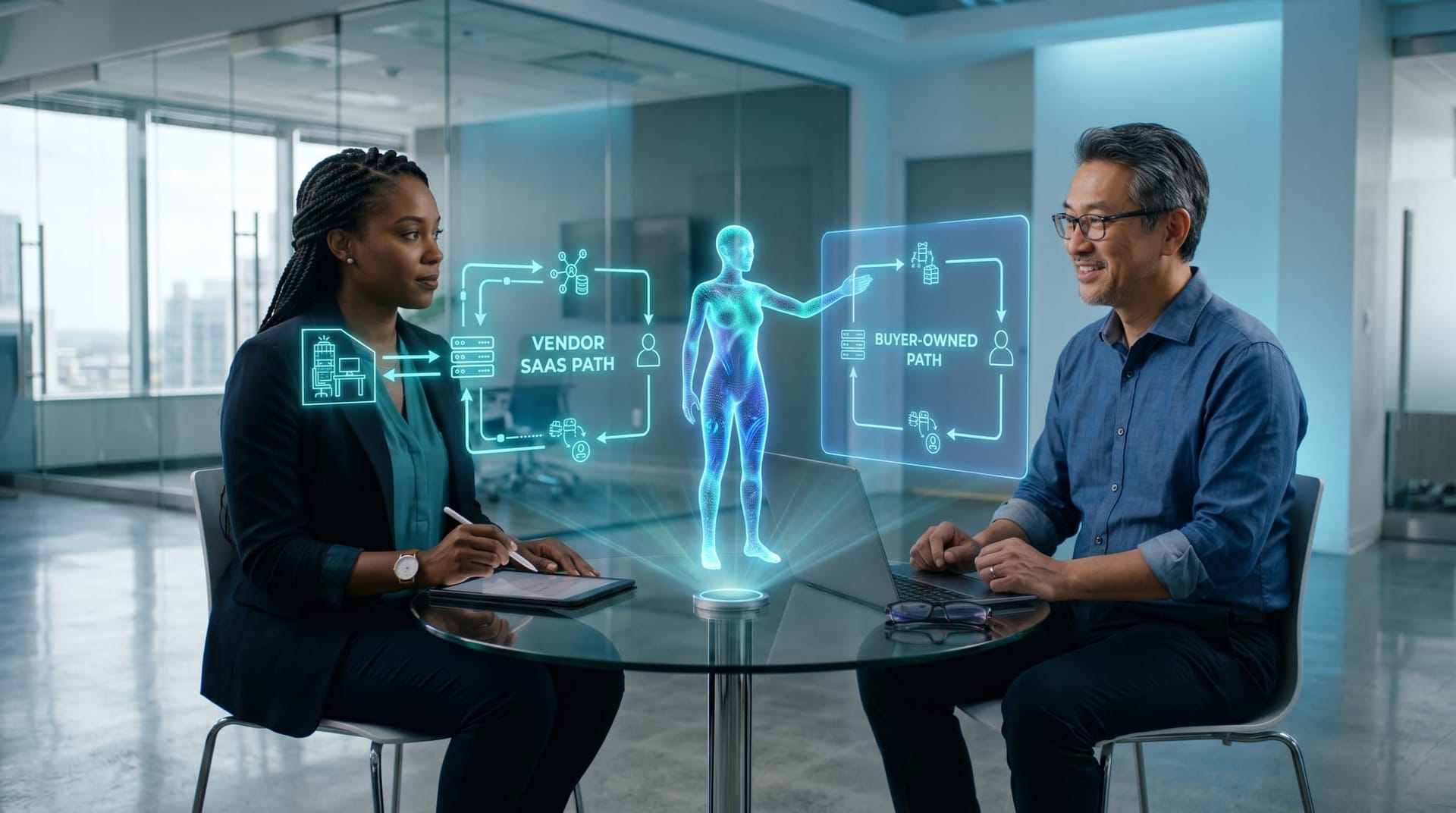 A translucent cyan holographic AI Employee figure presenting a data-residency boundary diagram contrasting vendor-hosted capture and buyer-owned capture for a mid-market team in a glass-walled office.