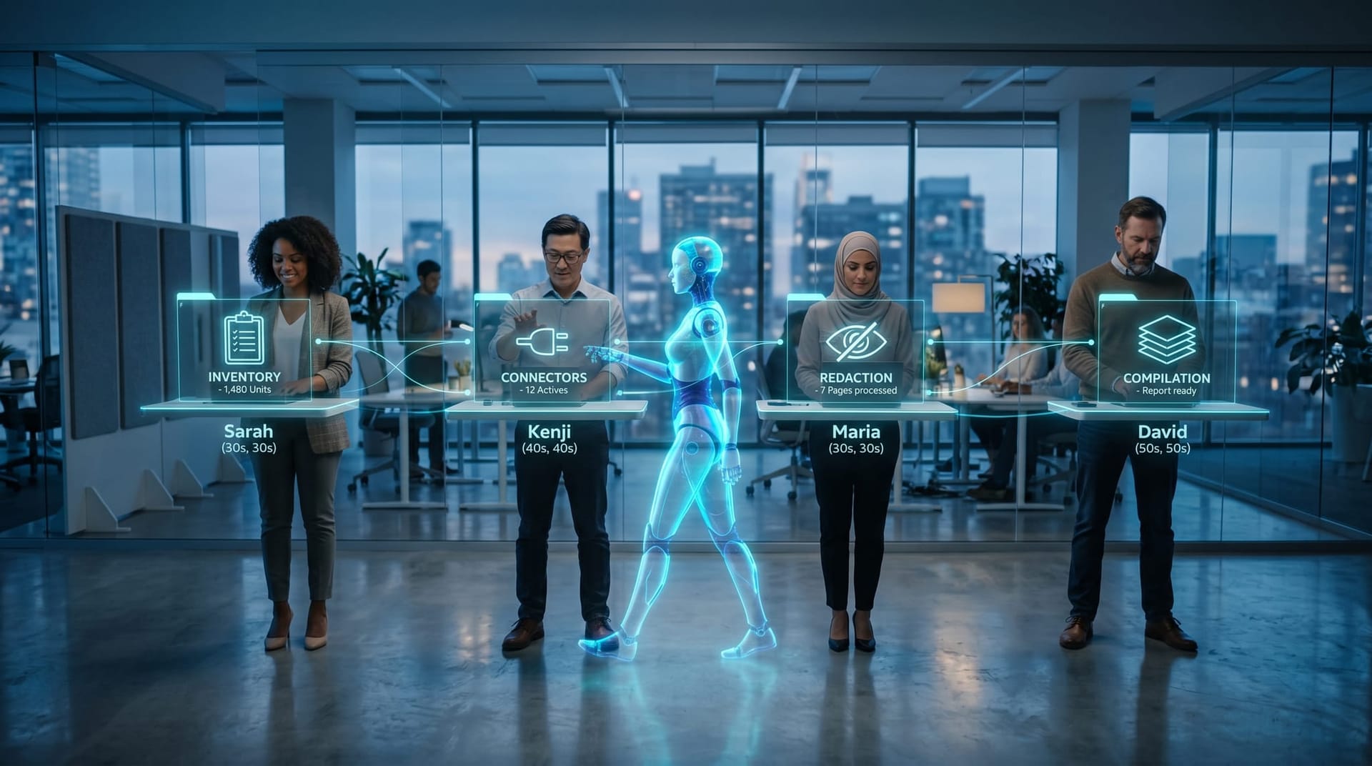 A four-step holographic cyan flow diagram showing channel inventory, buyer-controlled connectors, gateway-side redaction, and compilation-stage handoff suspended over a conference table beside a translucent AI Employee figure.