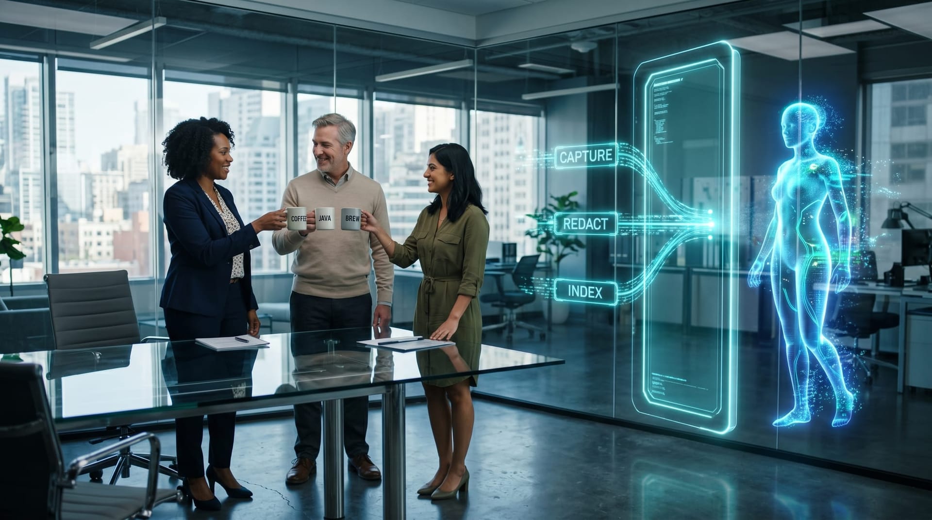 A glass-walled boardroom with a Northeast Indiana mid-market team reviewing a holographic Secure AI Gateway pipeline diagram showing transcription, redaction, and indexing stages between captured channels and the AI Employee.