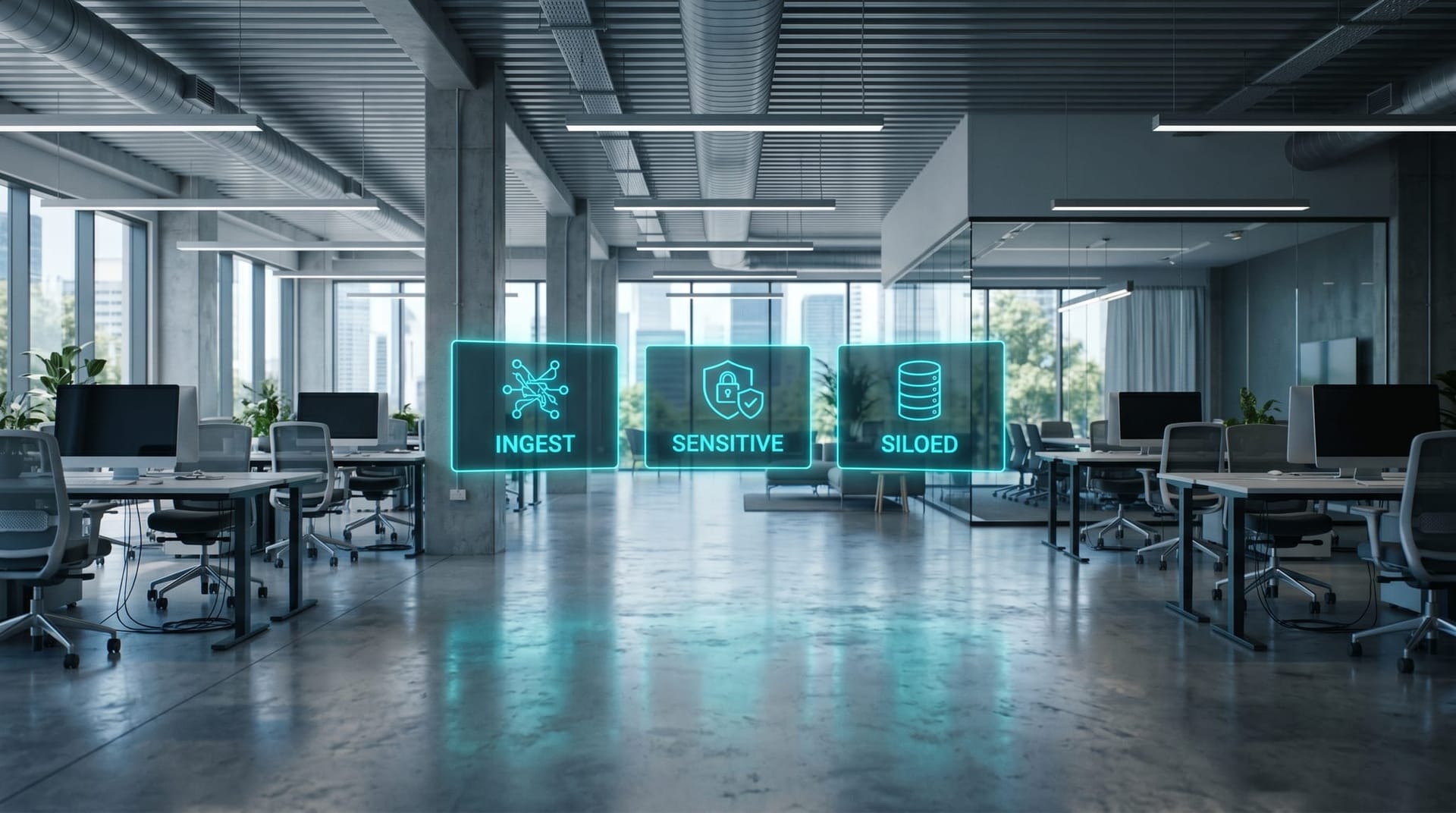 Three floating cyan holographic panels illustrating ingestion difficulty, sensitivity, and vendor silo as three structural reasons AI Employees miss team conversation, above a glass conference table.