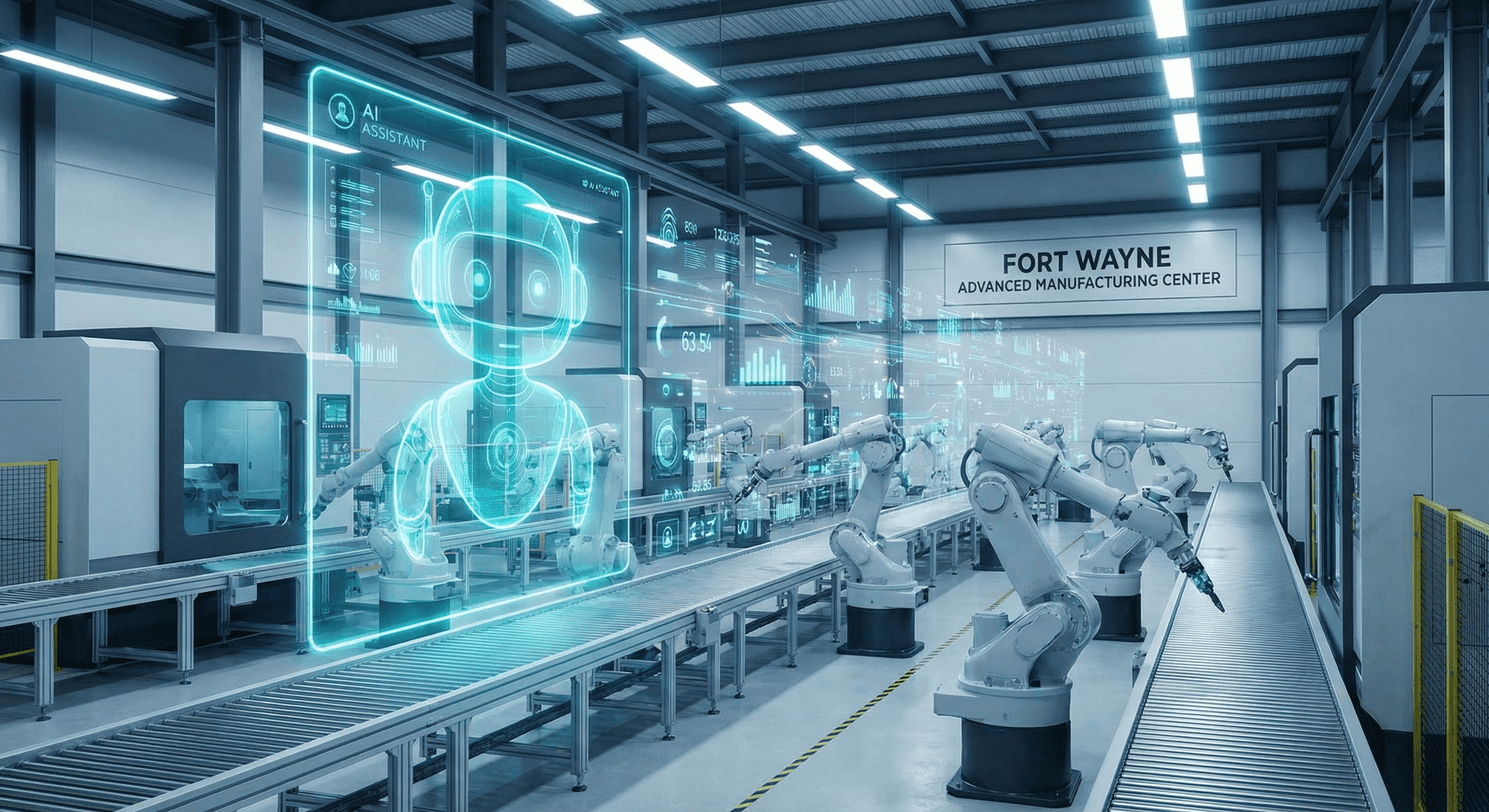 CNC machine shop floor in Northeast Indiana with digital overlay showing AI-powered RFQ automation and autonomous agent workflows