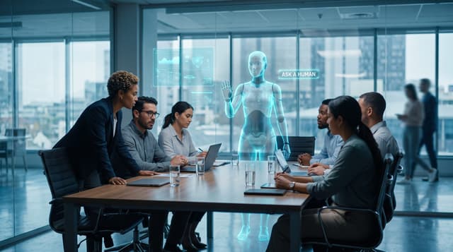 A translucent cyan holographic AI employee pausing mid-task to consult a diverse business team around a glass-walled conference table