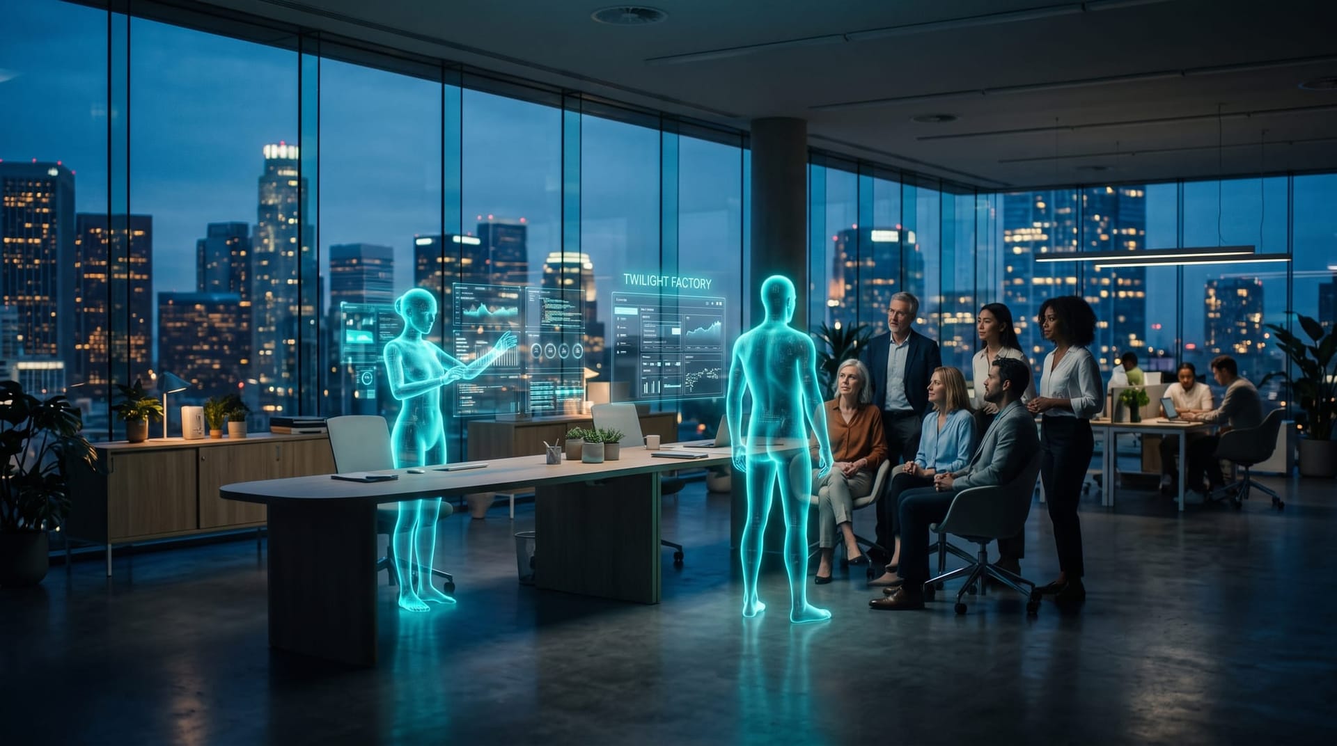 Colleagues watching a cyan holographic AI employee work alongside a second glowing facilitator figure in a dim cool-lit open office at dusk