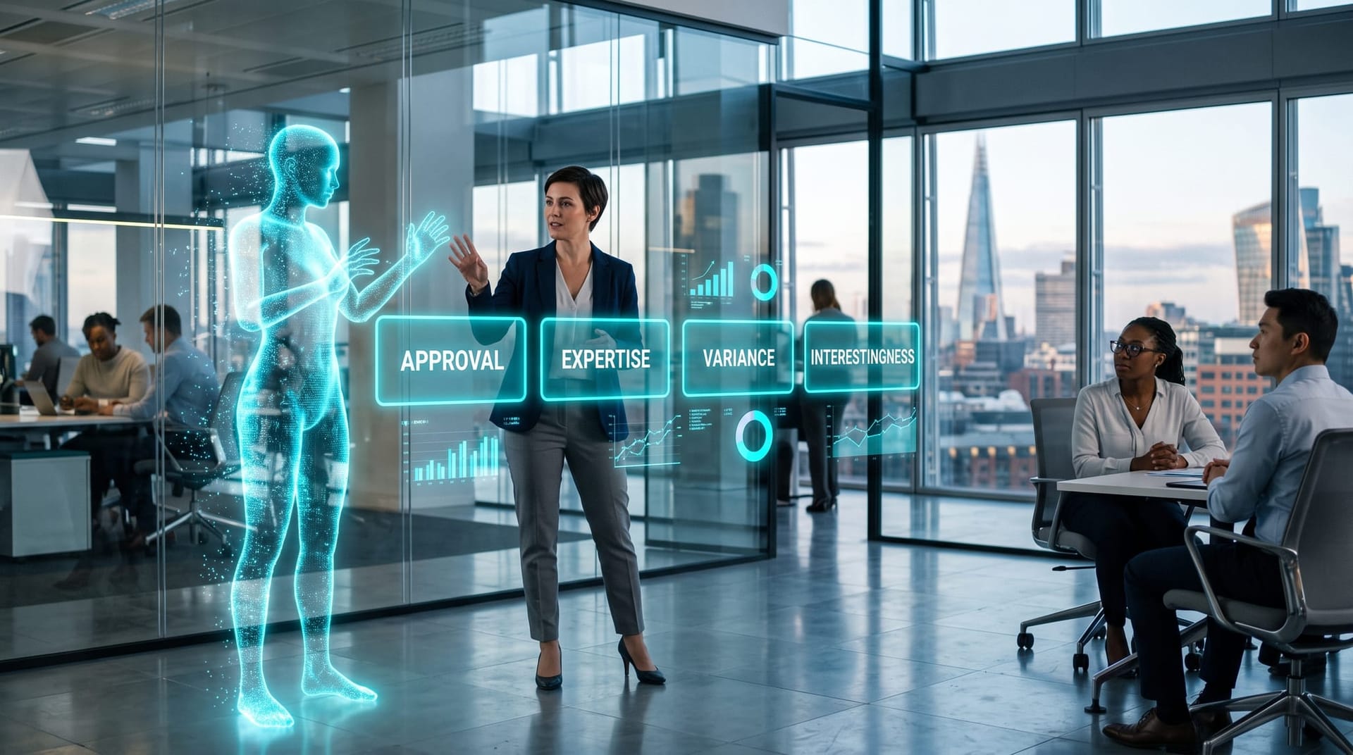 A presenter and a holographic AI employee reviewing four glowing cyan trigger panels for AI agent oversight in a bright glass office